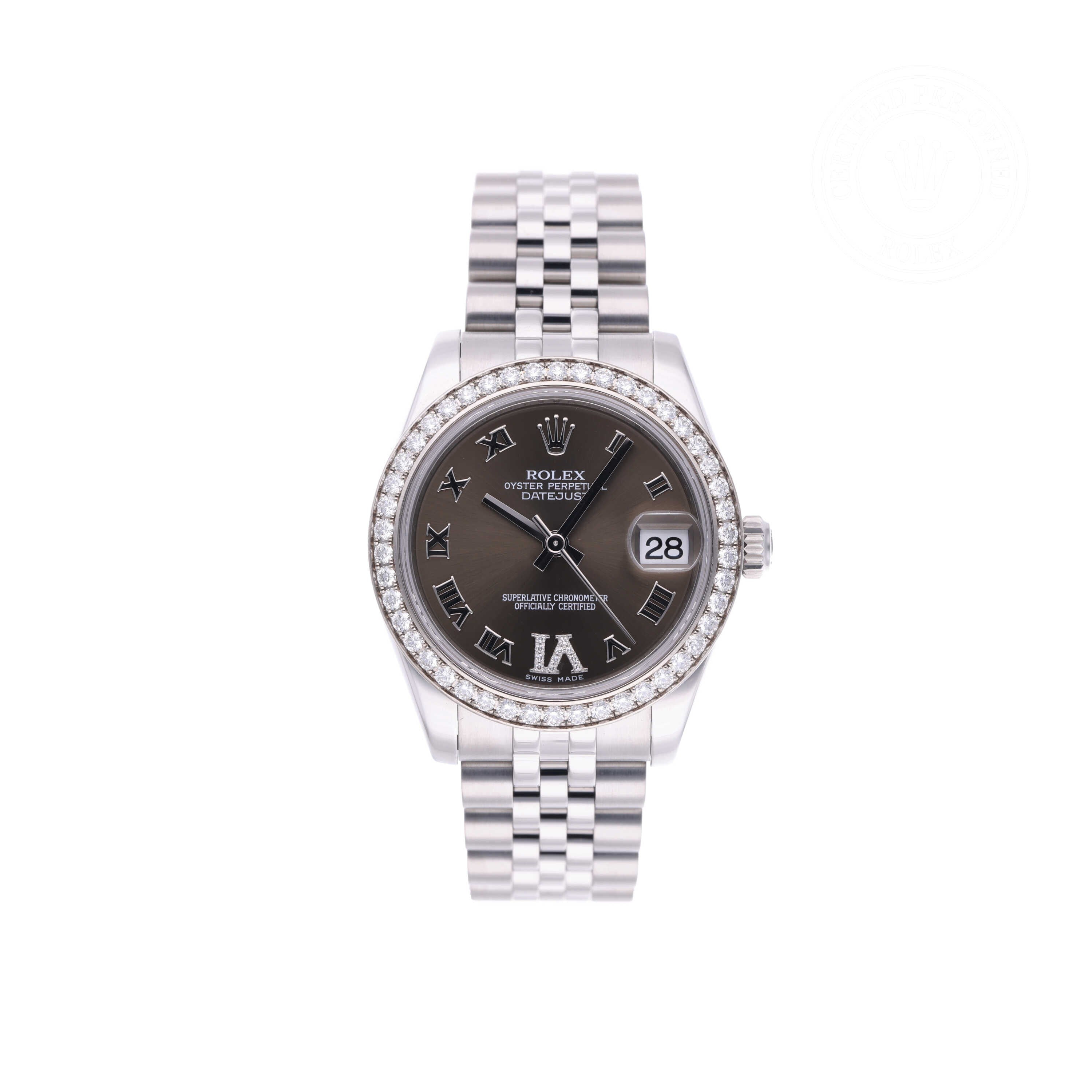 Rolex Certified Pre-owned Lady Datejust M178384-0011 front on white background