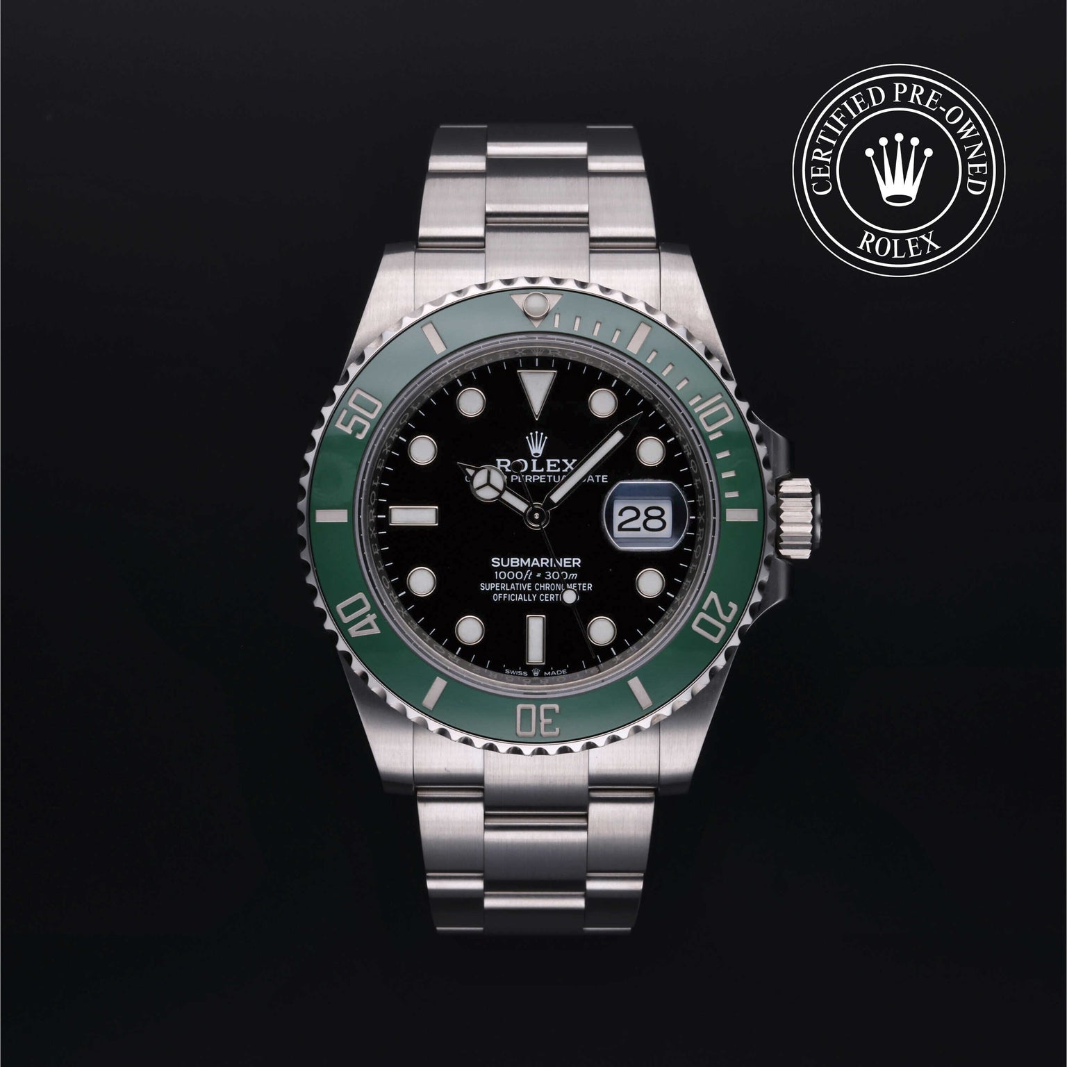 Rolex Certified Pre-owned Submariner Date M126610LV-0002 front on black background