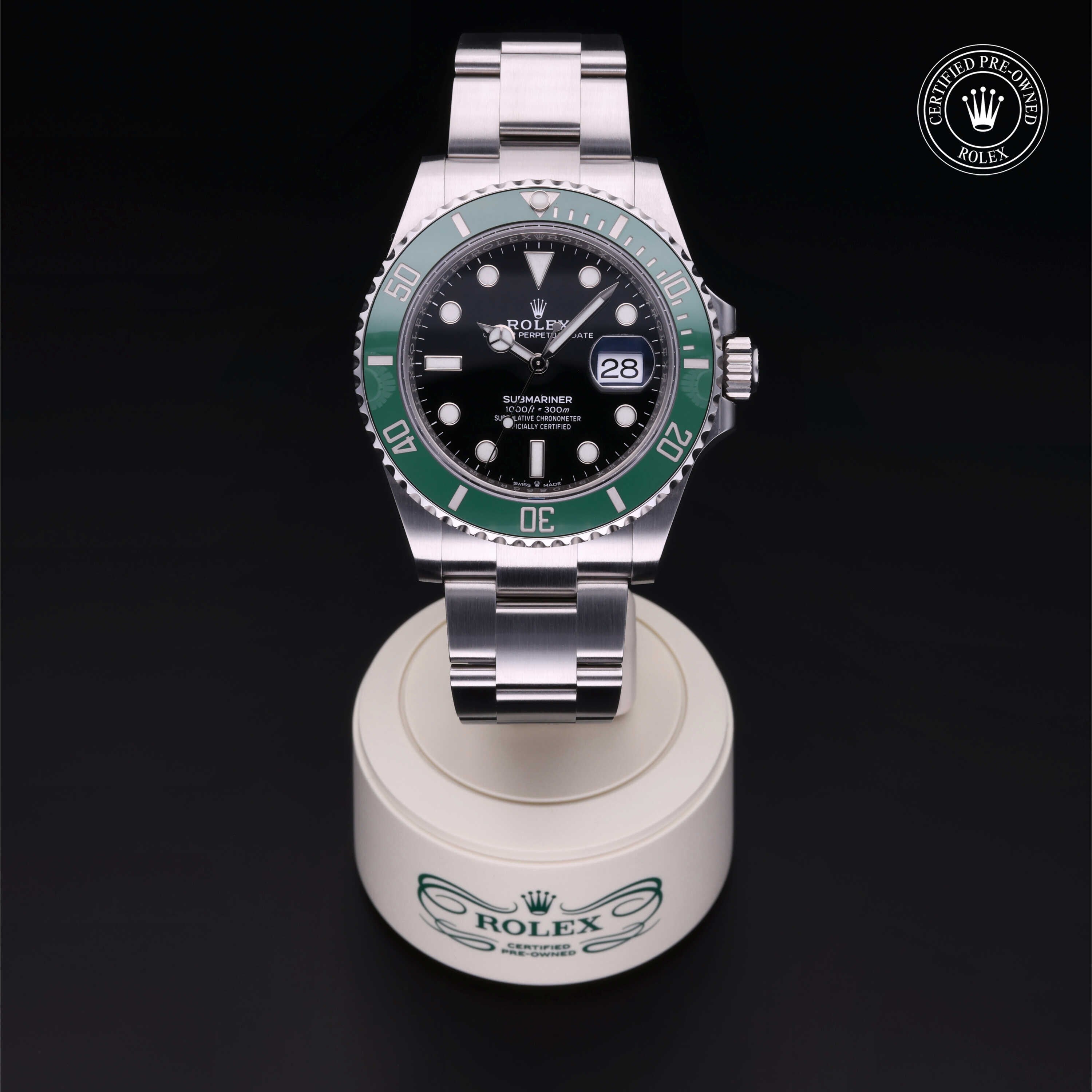 Rolex Certified Pre-owned Submariner Date M126610LV-0002 front on black background