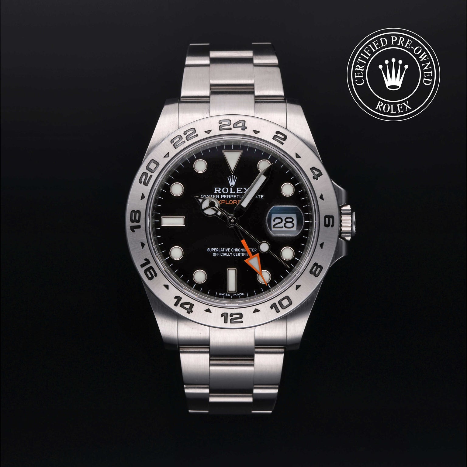 Rolex Certified Pre-owned Explorer M216570-0002 front on black background