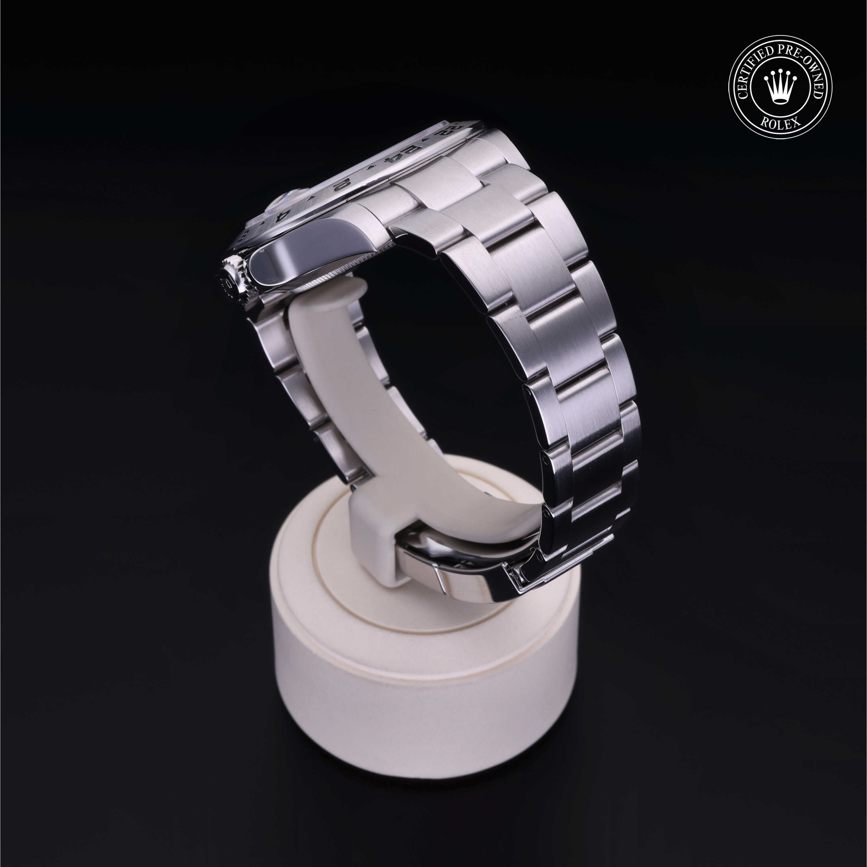 Rolex Certified Pre-owned Explorer M216570-0002 front on black background