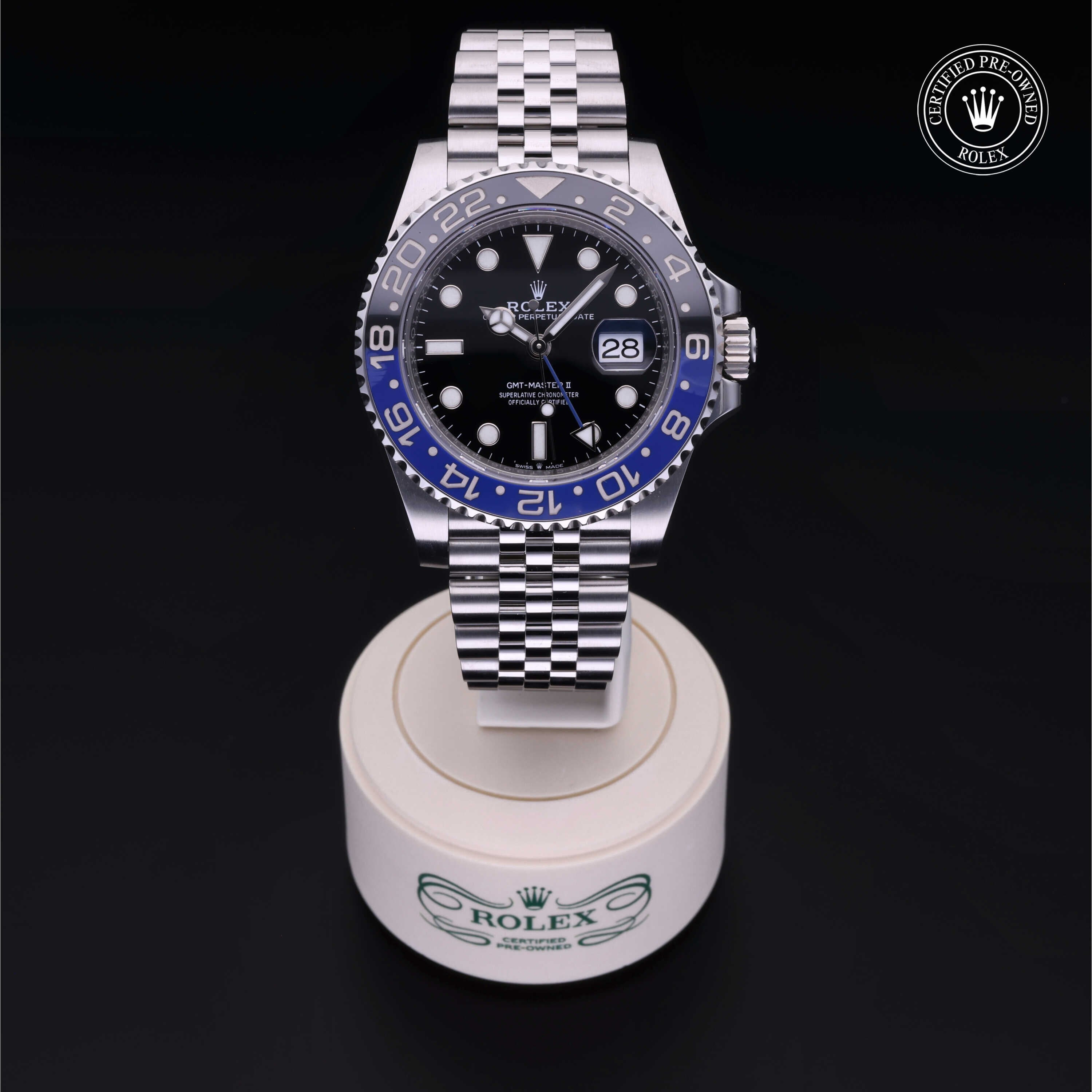 Rolex Certified Pre-owned GMT M126710BLNR-0002 front on black background
