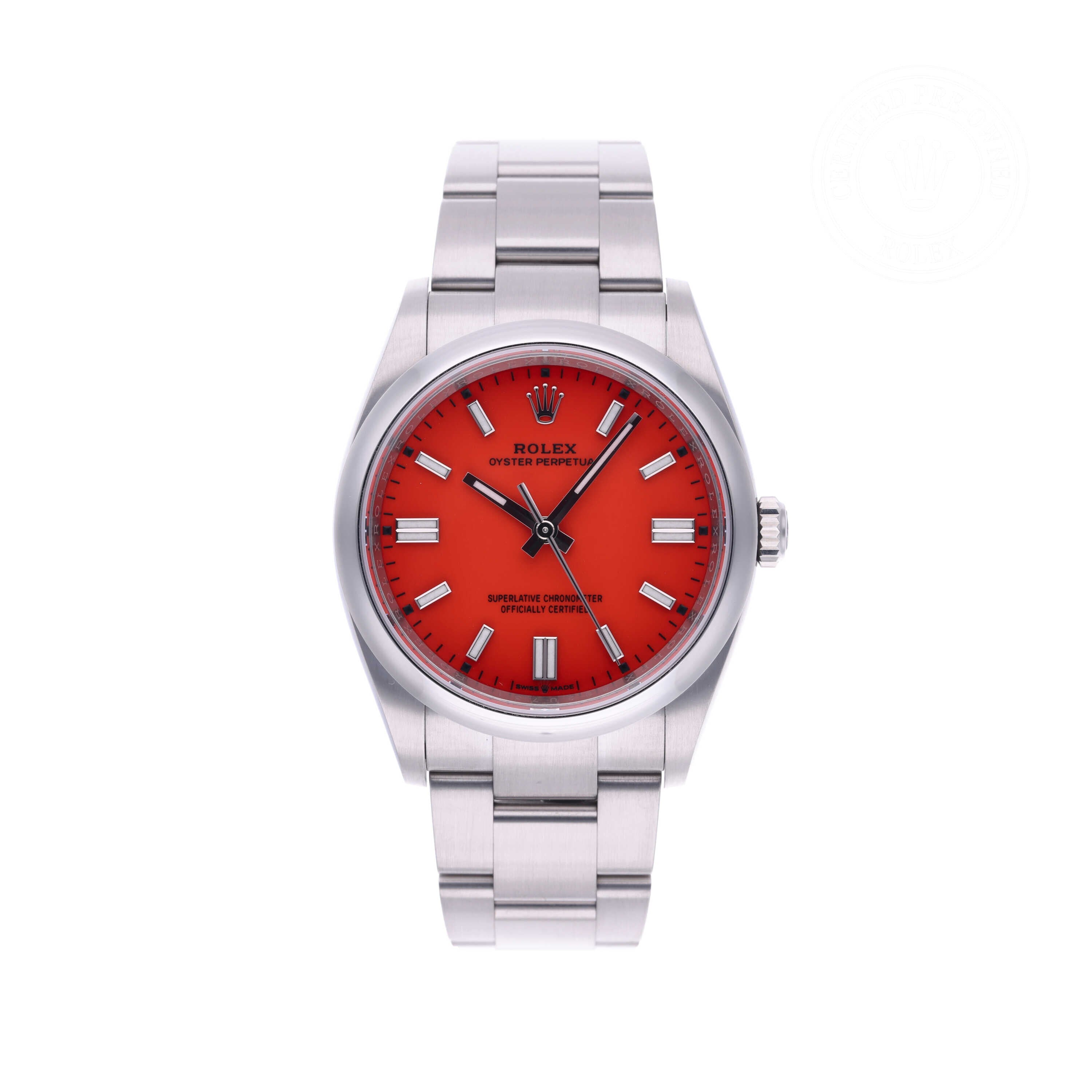 Rolex Certified Pre-owned Oyster Perpetual M126000-0007 front on white background