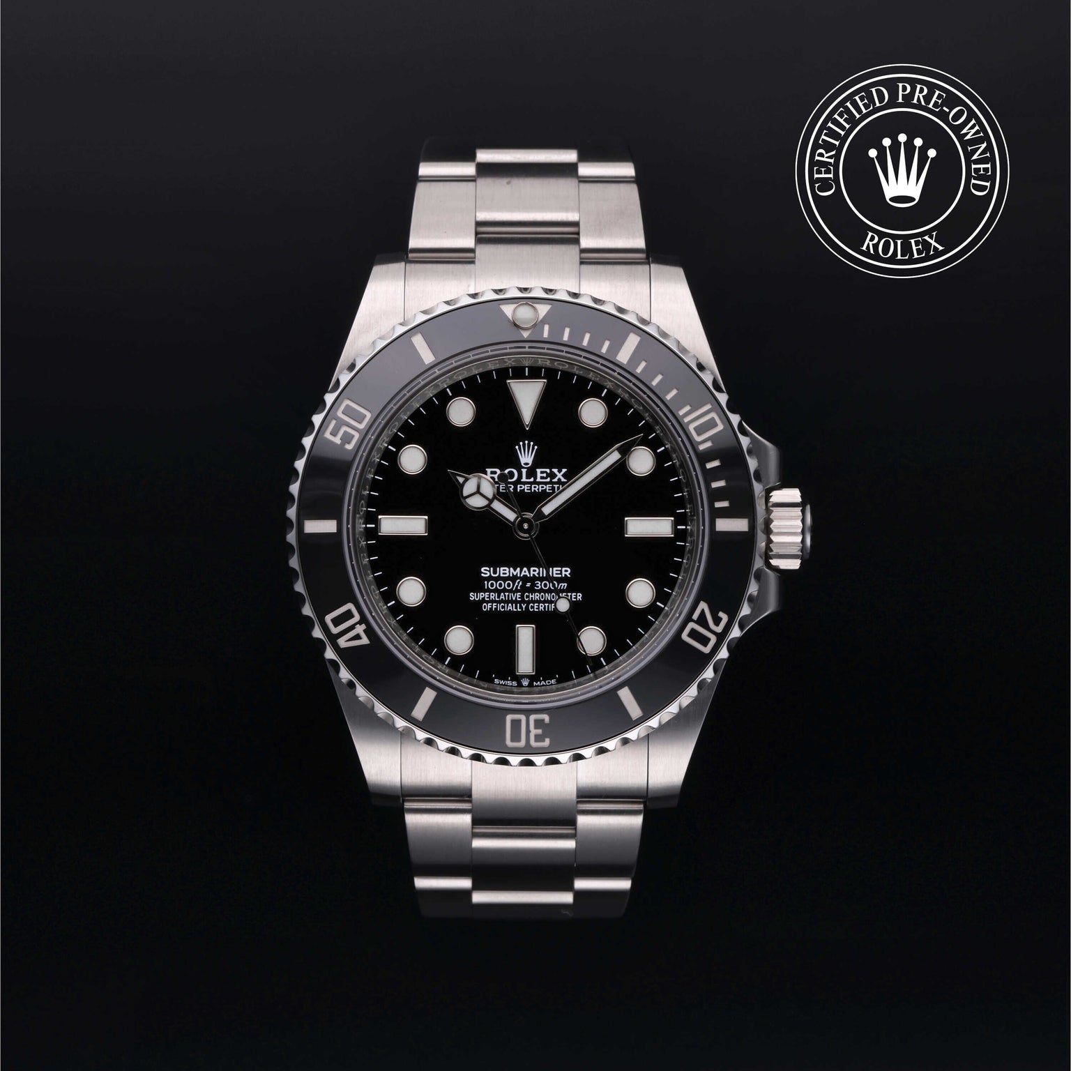 Rolex Certified Pre-owned Submariner Non Date M124060-0001 front on black background