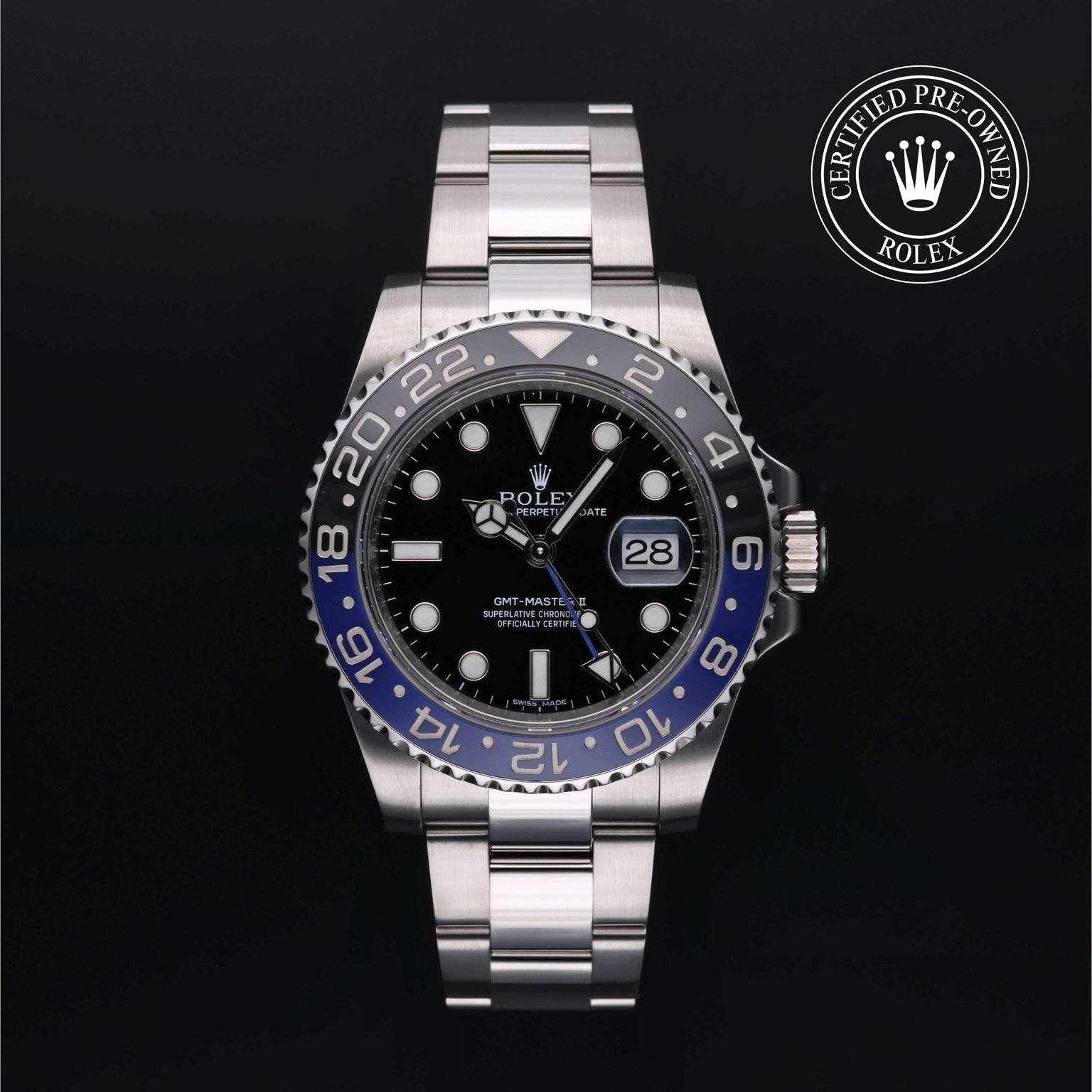 Rolex Certified Pre-owned GMT M116710BLNR-0002 front on black background