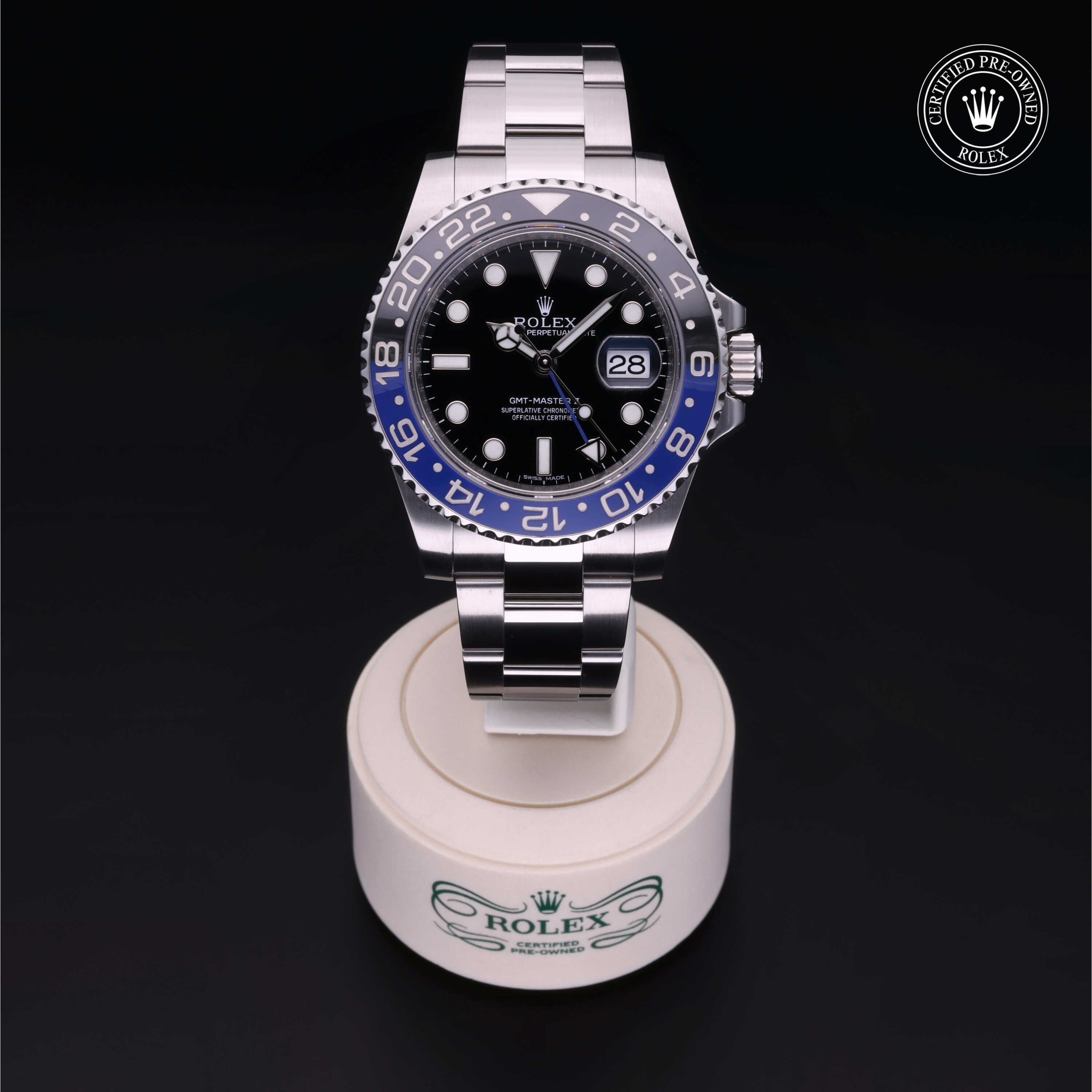 Rolex Certified Pre-owned GMT M116710BLNR-0002 front on black background