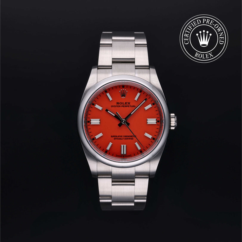 Rolex Certified Pre-owned Oyster Perpetual M126000-0007 front on black background