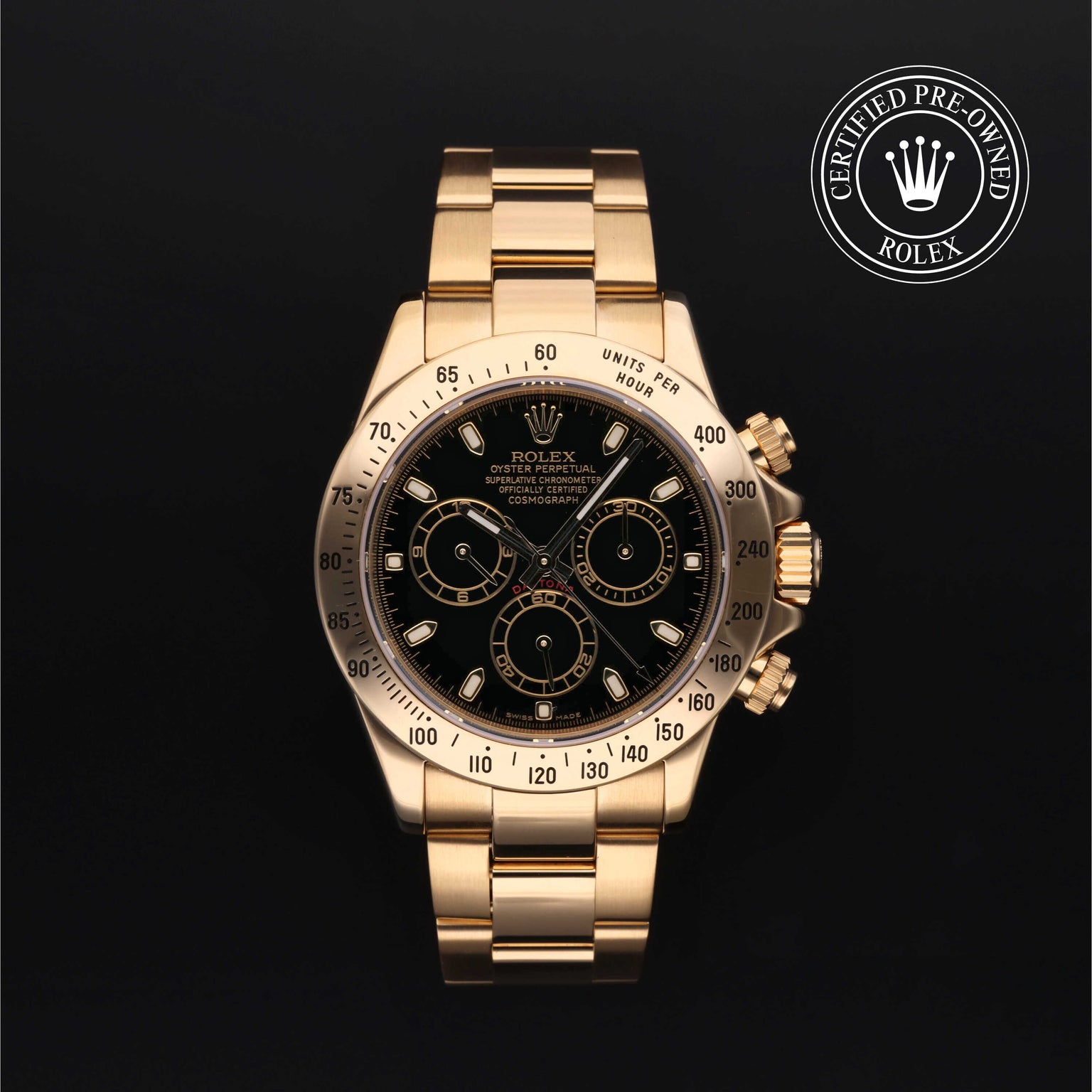 Rolex Certified Pre-owned Daytona M116528-0014 front on black background