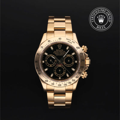 Rolex Certified Pre-owned Daytona M116528-0014 front on black background