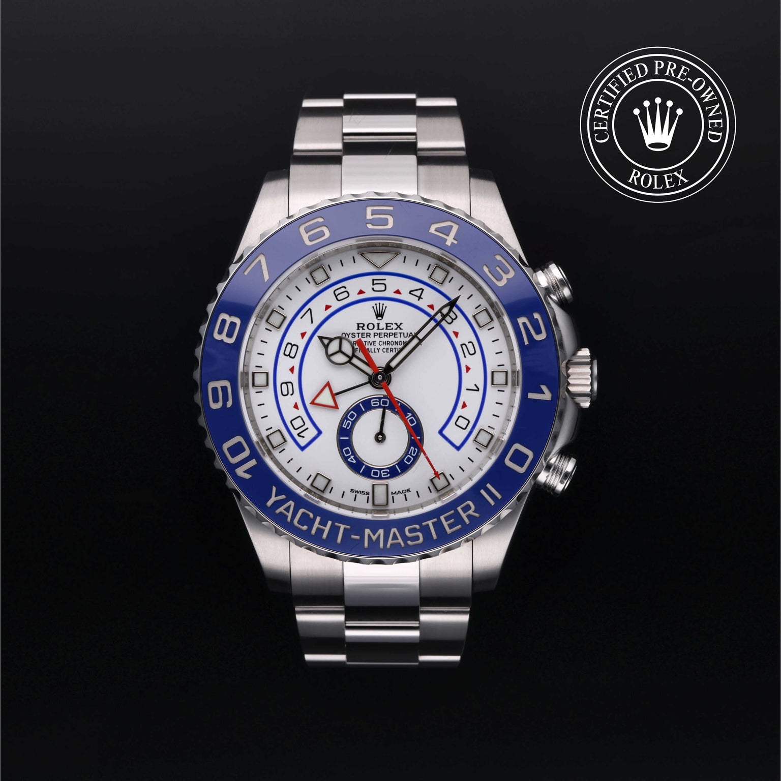 Rolex Certified Pre-owned Yacht-Master M116680-0002 front on black background
