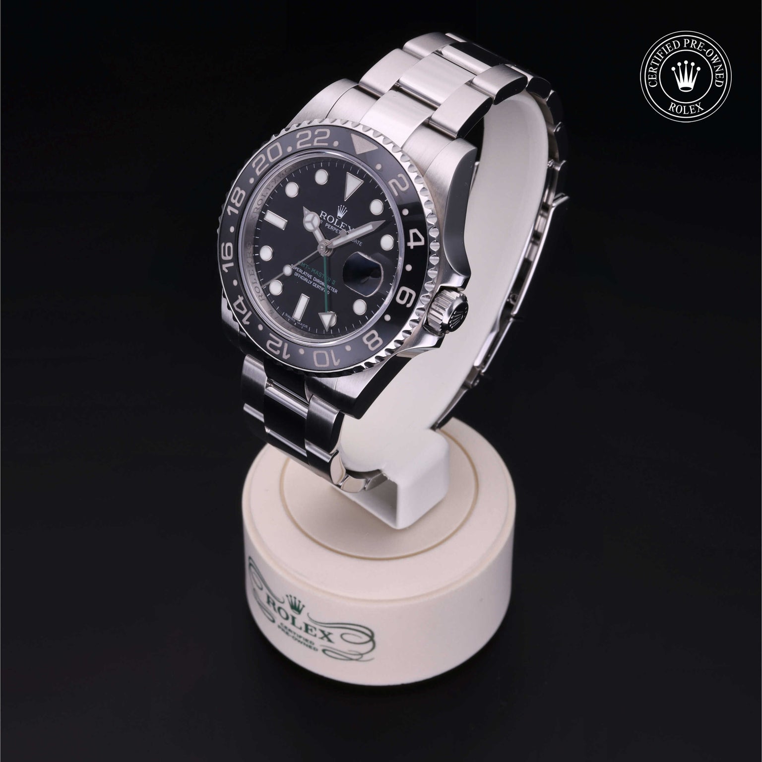 Rolex Certified Pre-owned GMT II M116710LN-0001 front on black background