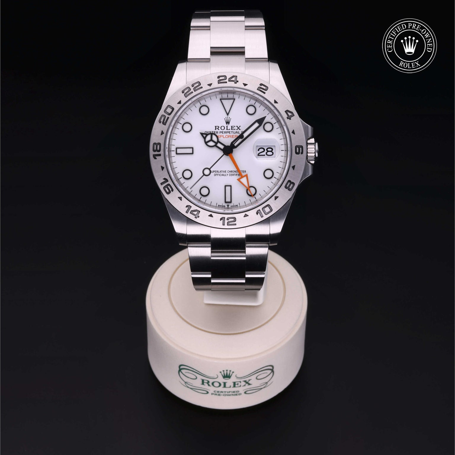 Rolex Certified Pre-owned Explorer II M226570-0001 front on black background