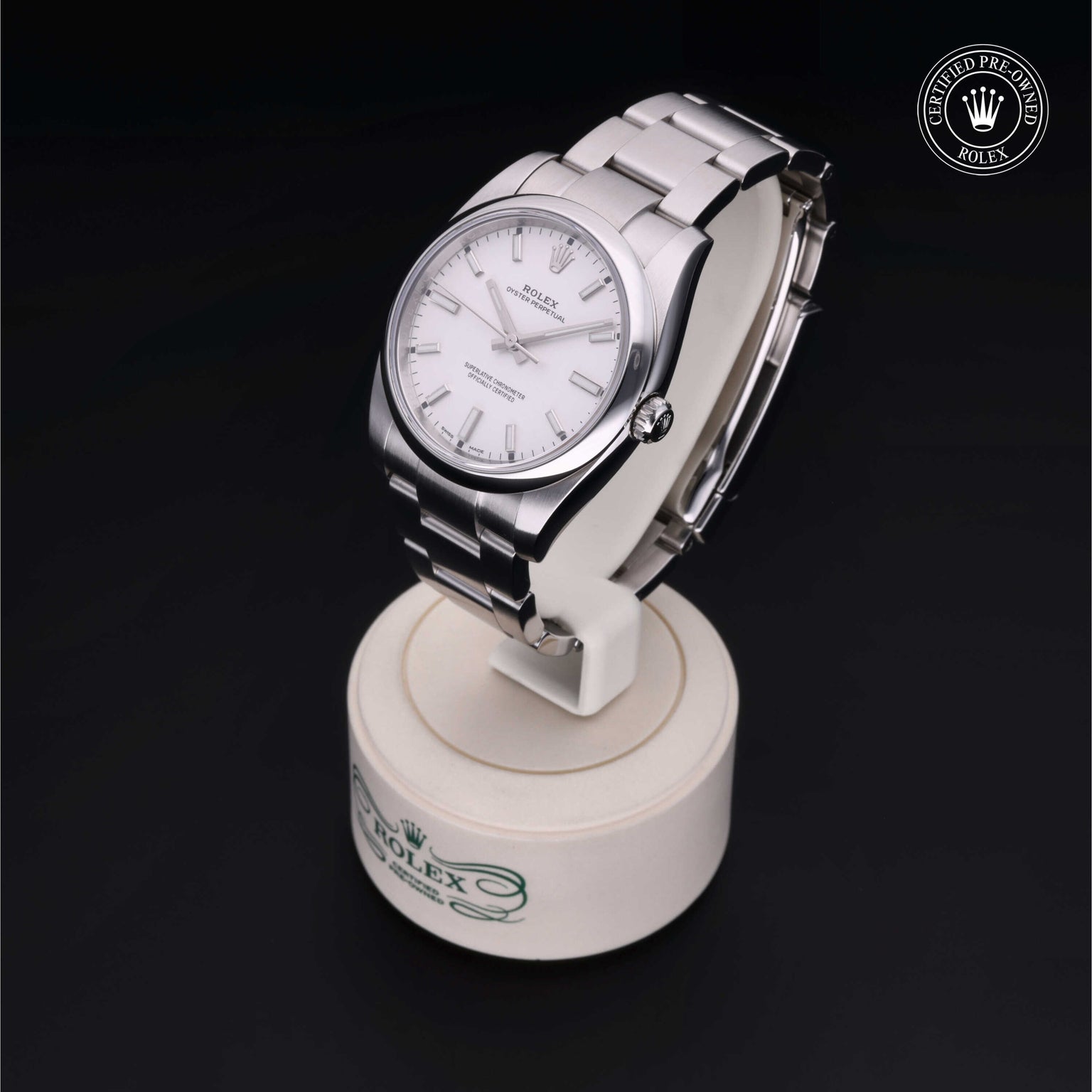 Rolex Certified Pre-owned Oyster Perpetual M114200-0024 front on black background