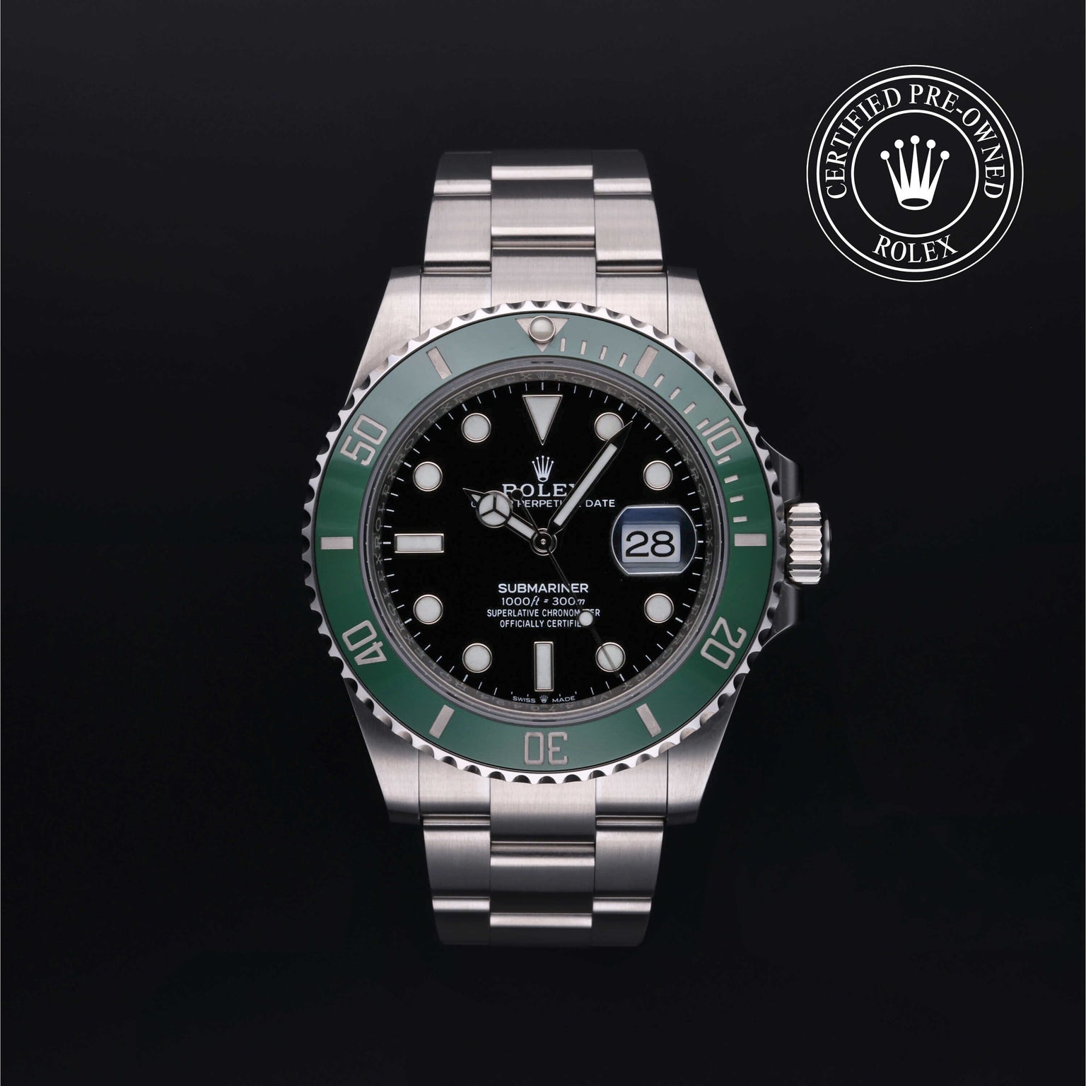 Rolex Certified Pre-owned Submariner M126610LV-0002 front on black background