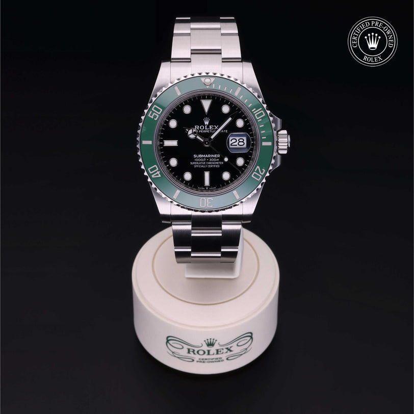 Rolex Certified Pre-owned Submariner M126610LV-0002 front on black background