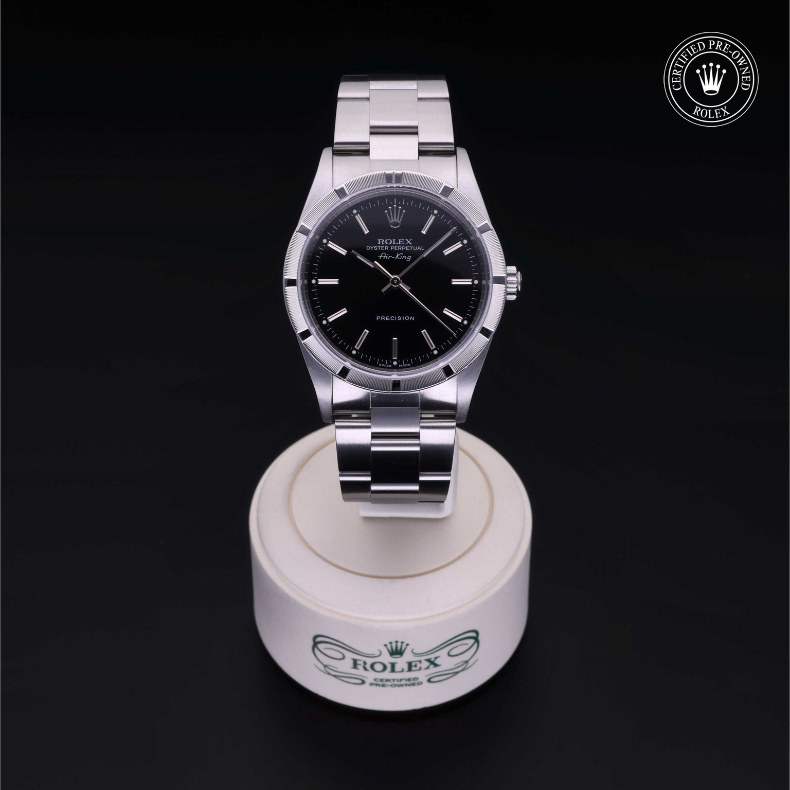 Rolex Certified Pre-owned Air-King M14010M-0012 front on black background