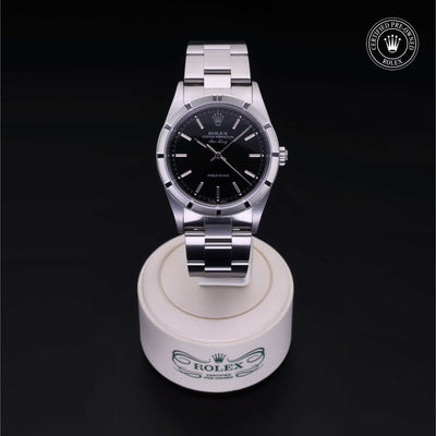 Rolex Certified Pre-owned Air-King M14010M-0012 front on black background