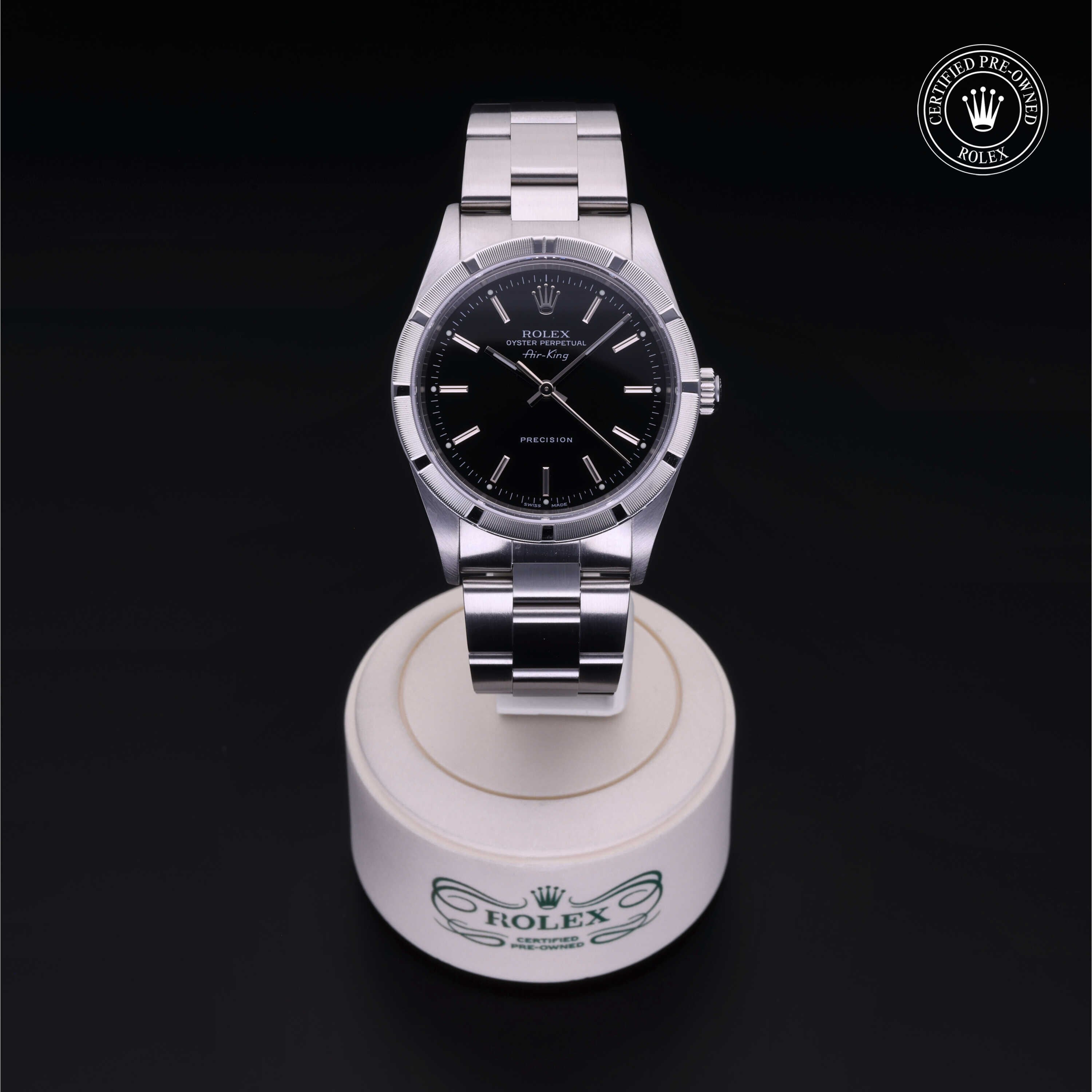 Rolex Certified Pre-owned Air-King M14010M-0012 front on black background