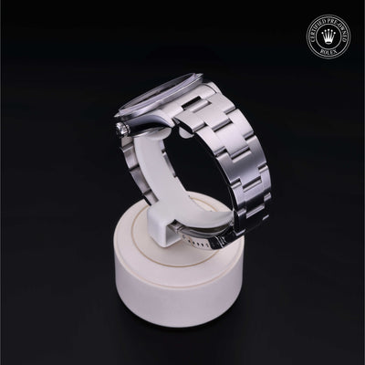 Rolex Certified Pre-owned Air-King M14010M-0012 front on black background