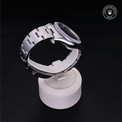 Rolex Certified Pre-owned Air-King M14010M-0012 front on black background