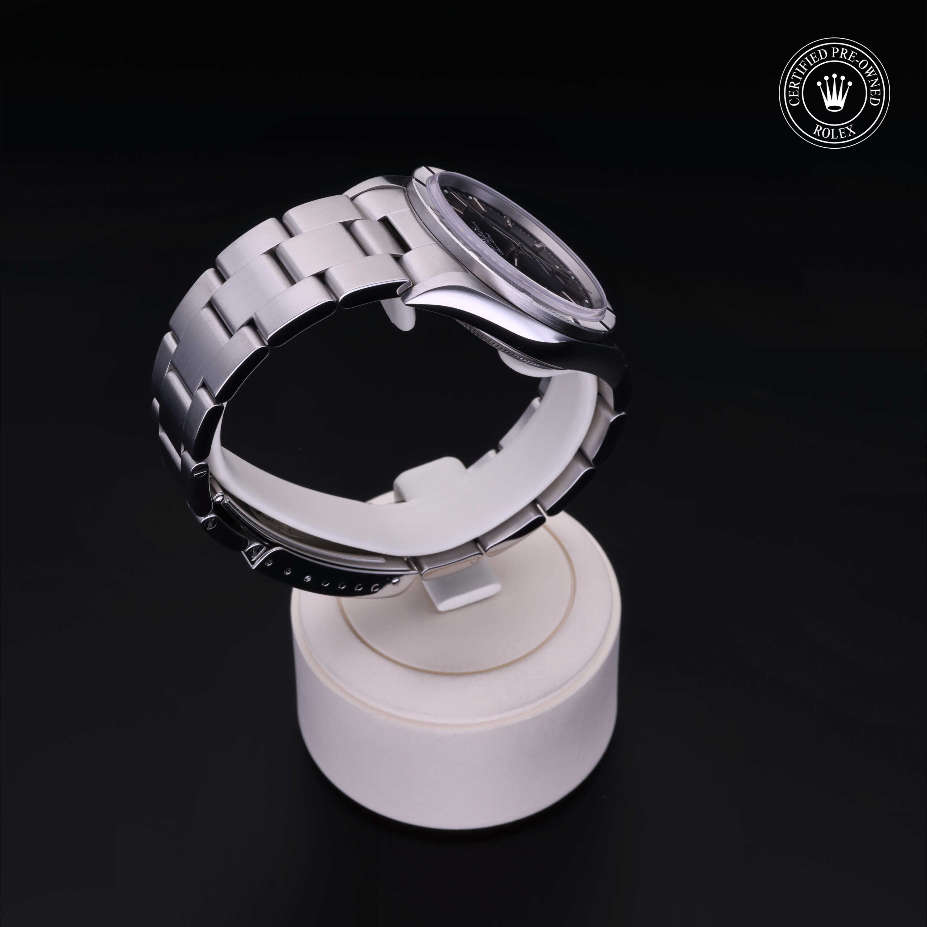 Rolex Certified Pre-owned Air-King M14010M-0012 front on black background