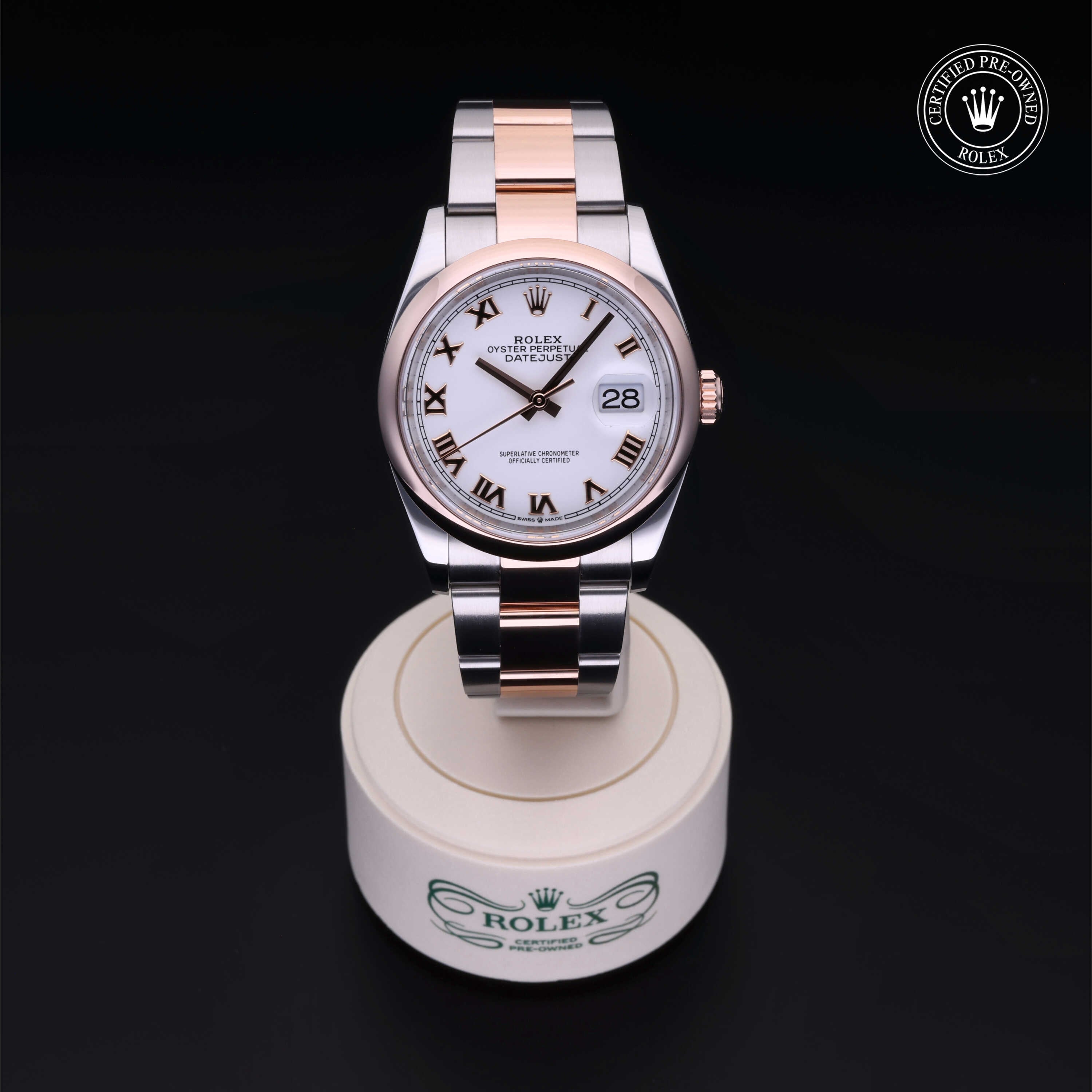 Rolex Certified Pre-owned Datejust M126201-0016 front on black background