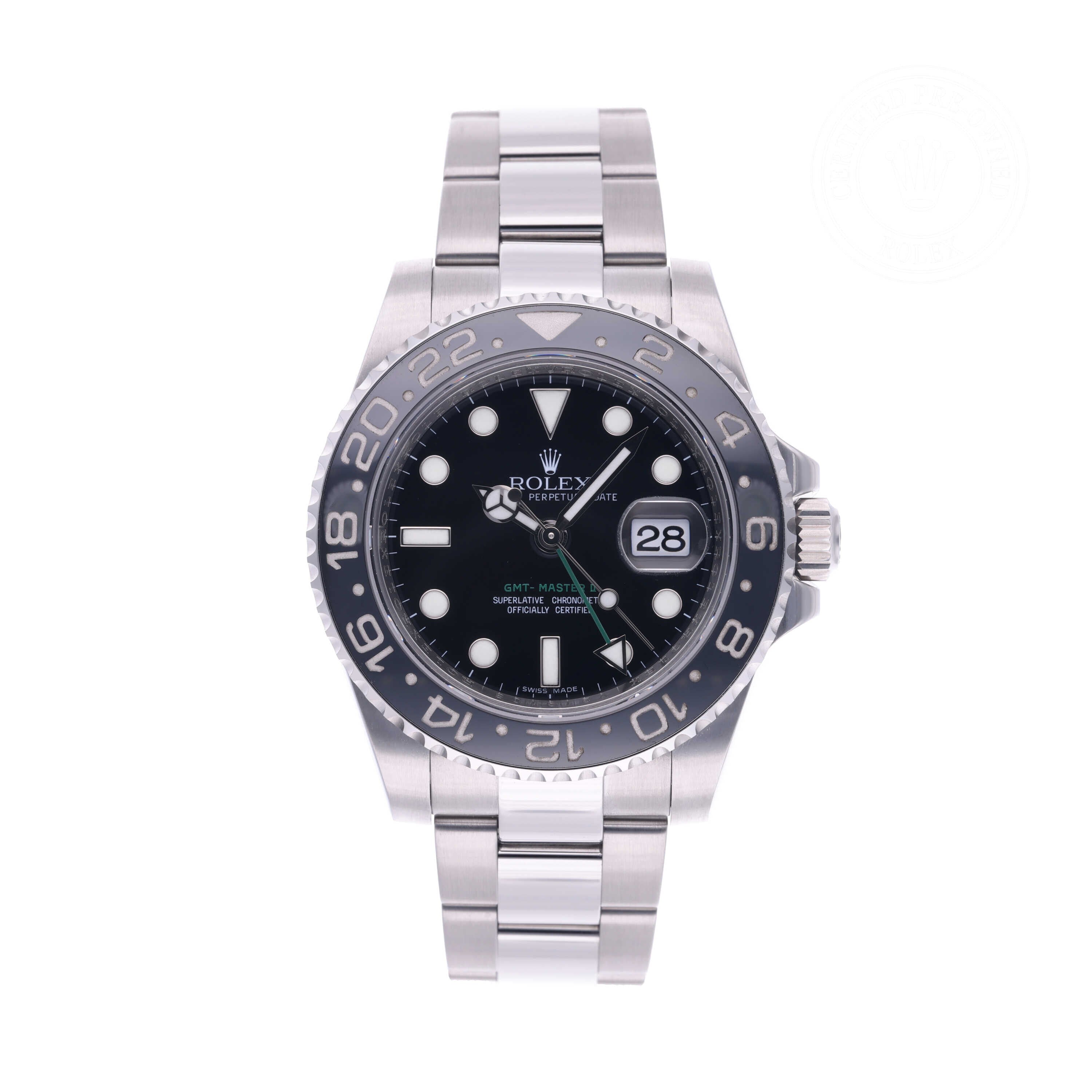 Rolex Certified Pre-owned GMT M116710LN-0001 front on white background