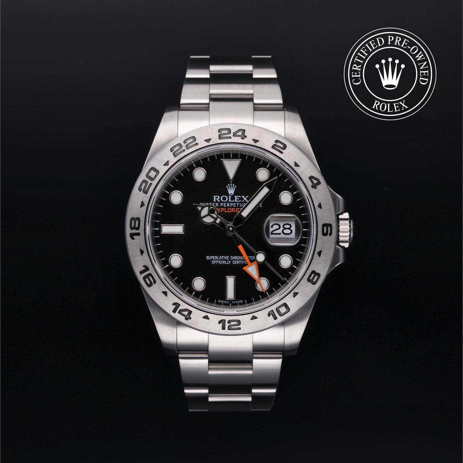 Rolex Certified Pre-owned Explorer M216570-0002 front on black background