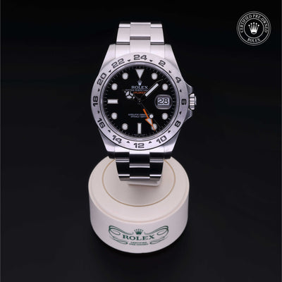 Rolex Certified Pre-owned Explorer M216570-0002 front on black background