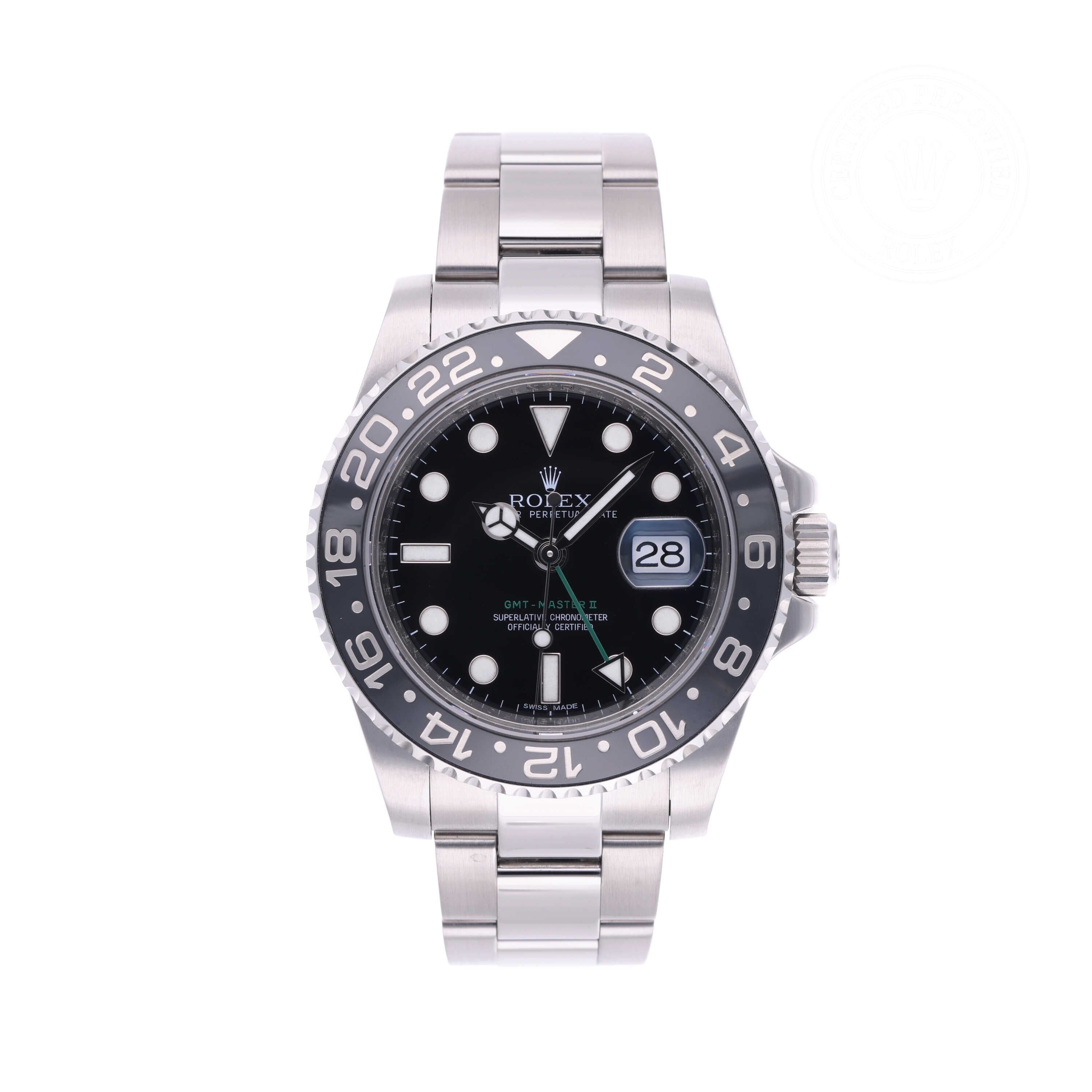 Rolex Certified Pre-owned GMT II M116710LN-0001 front on white background