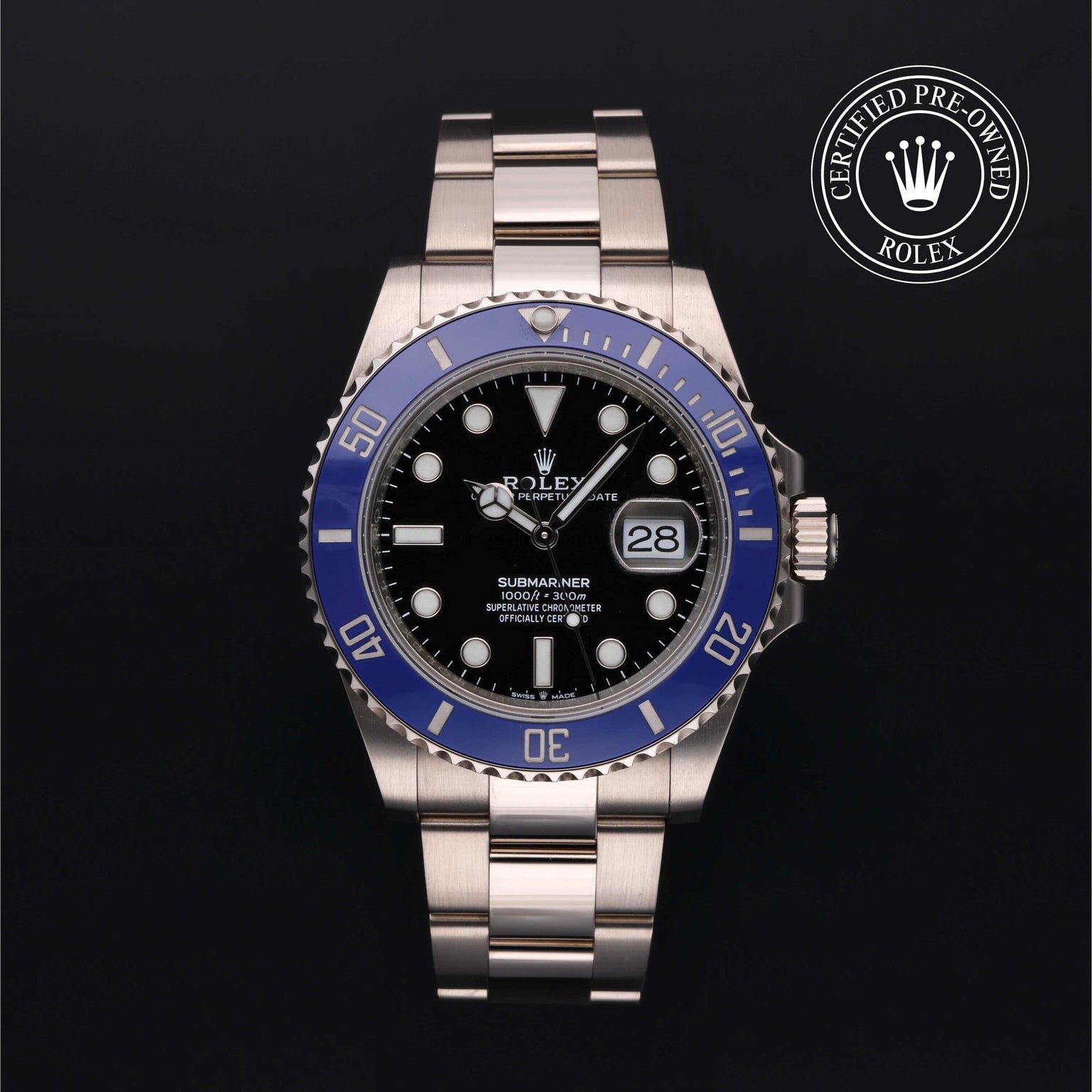 Rolex Certified Pre-owned Submariner Date M126619LB-0003 front on black background