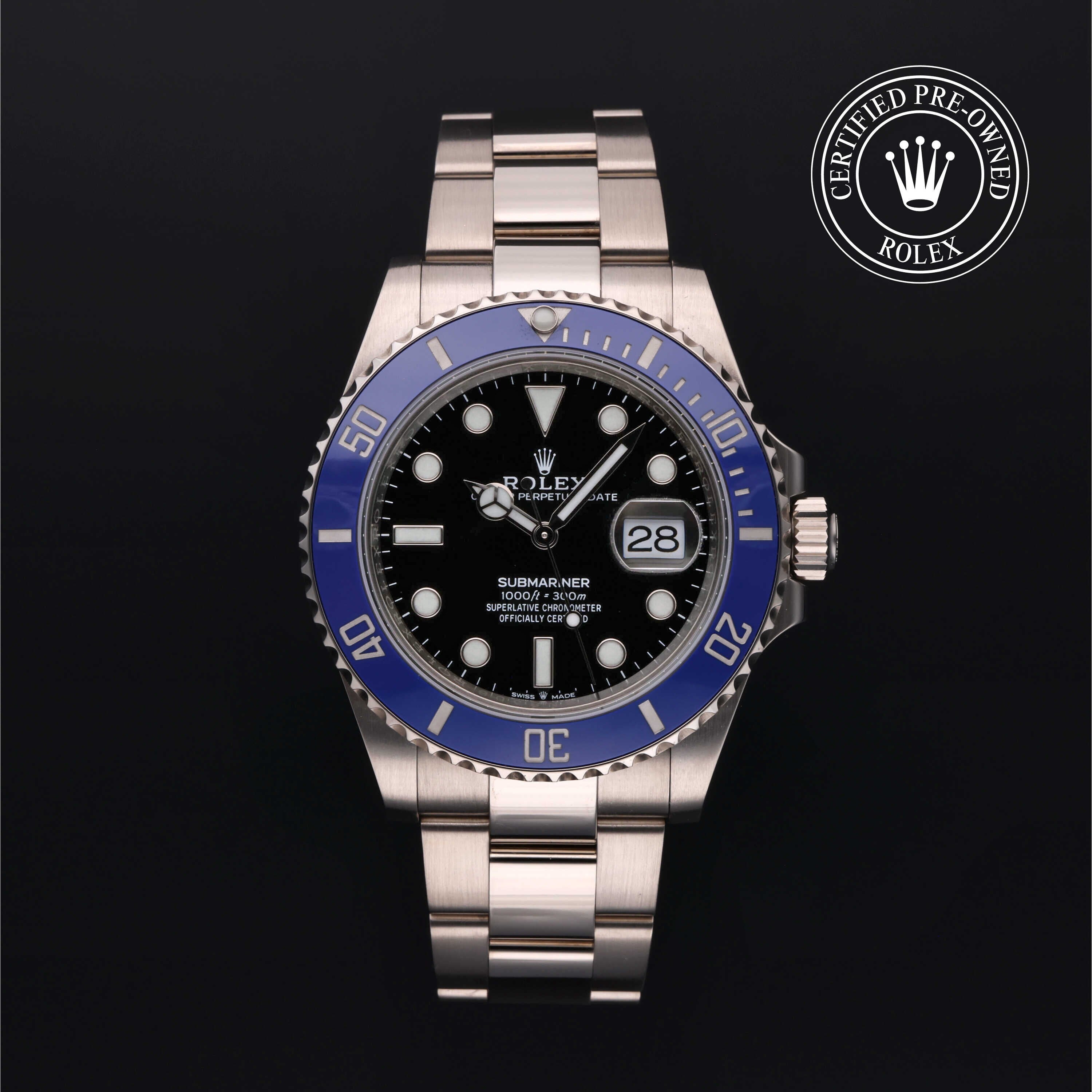 Rolex Certified Pre-owned Submariner Date M126619LB-0003 front on black background