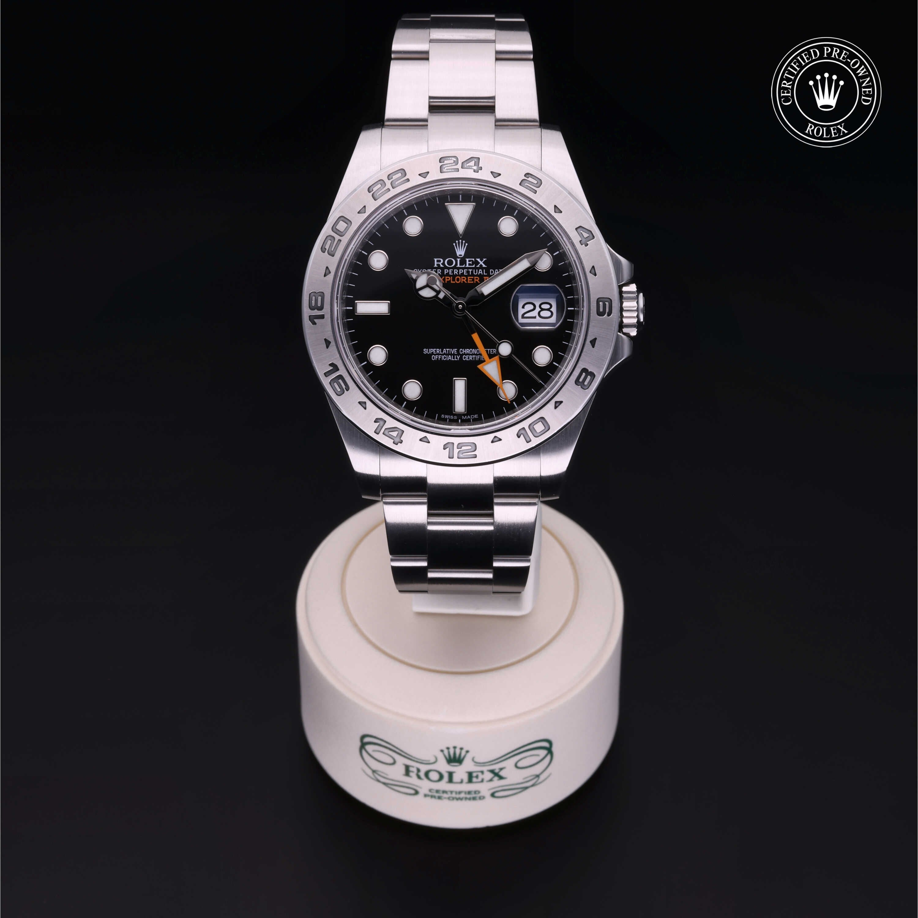 Rolex Certified Pre-owned Explorer M216570-0002 front on black background