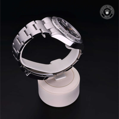 Rolex Certified Pre-owned Explorer M216570-0002 front on black background