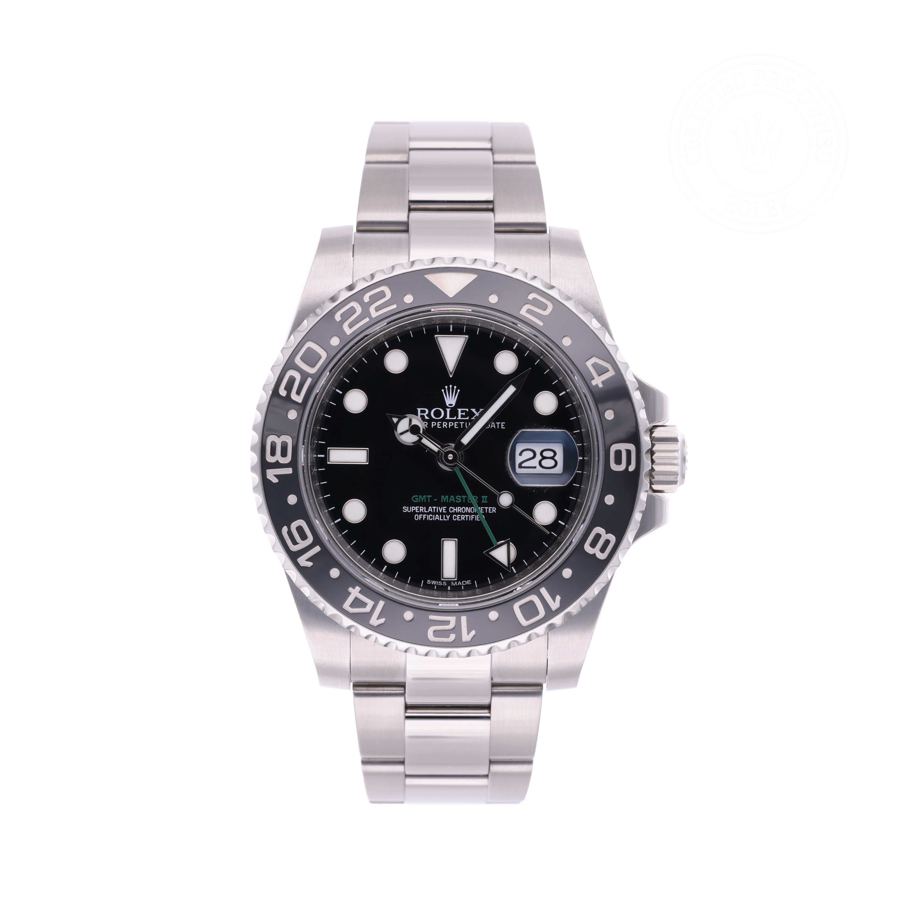 Rolex Certified Pre-owned GMT M116710LN-0001 front on white background