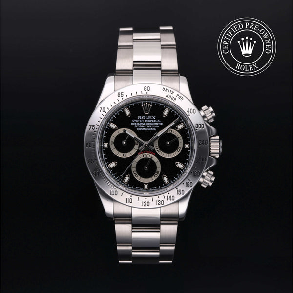 Rolex Certified Pre-owned Daytona M116520-0009 front on black background