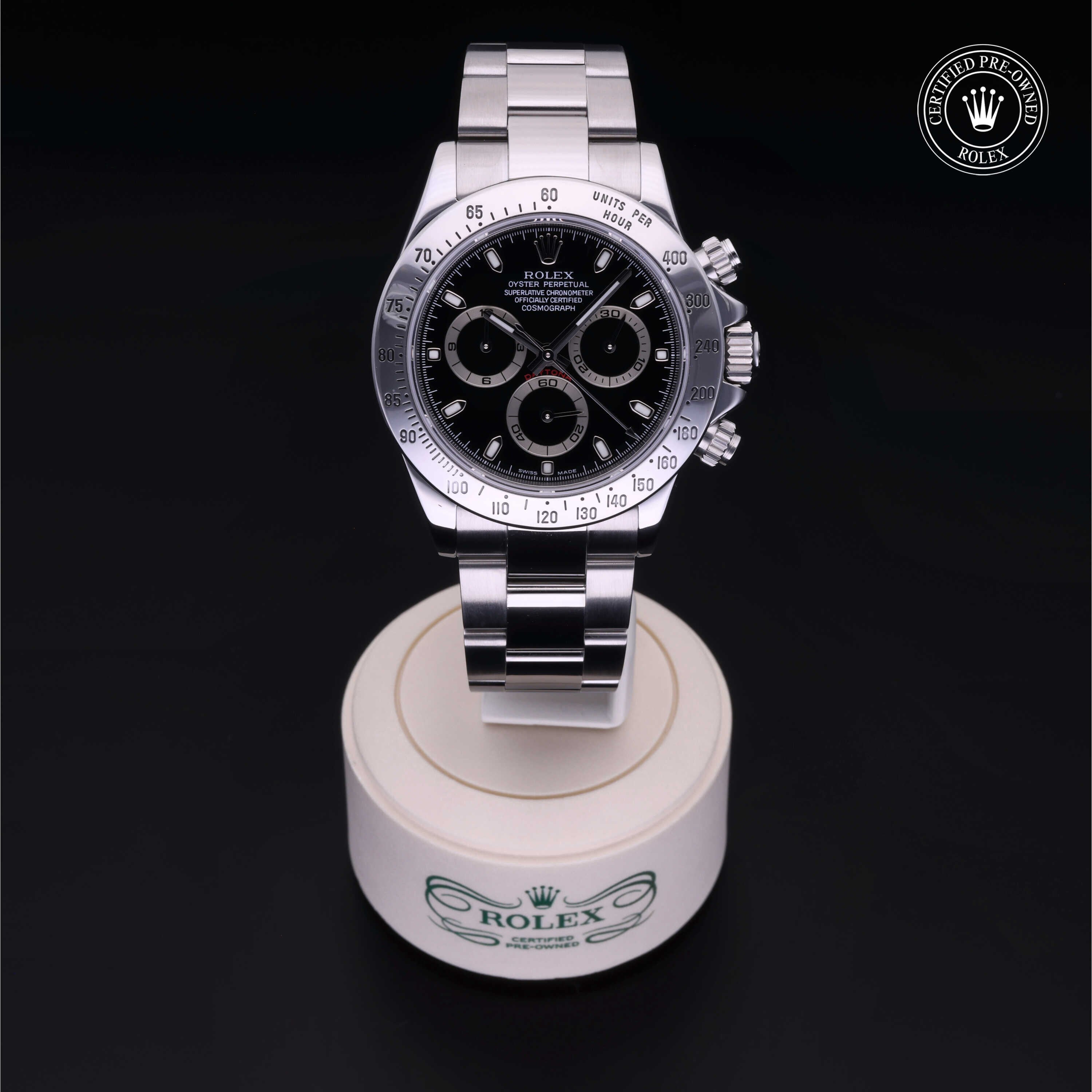 Rolex Certified Pre-owned Daytona M116520-0009 front on black background