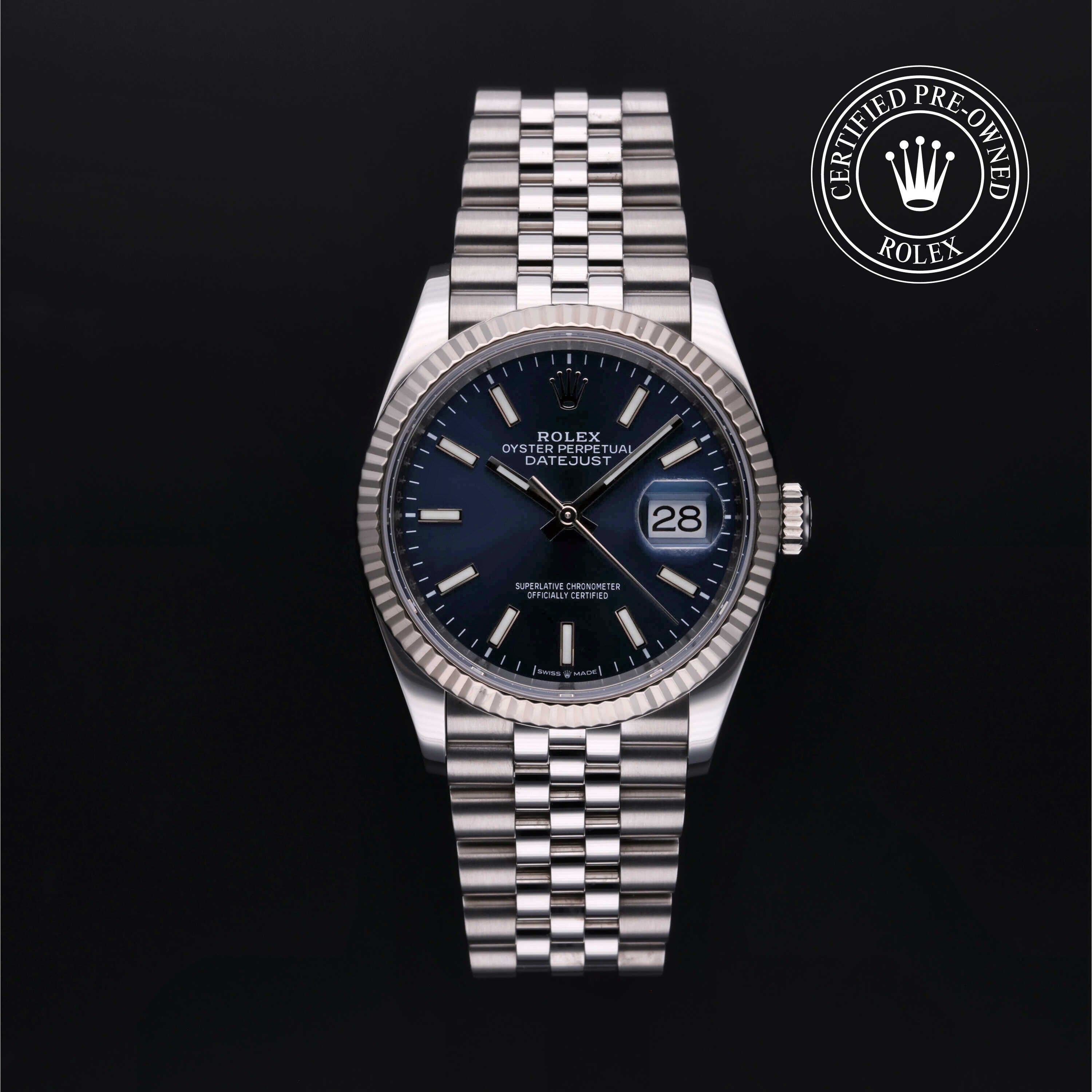 Rolex Certified Pre-owned Datejust M126234-0017 front on black background
