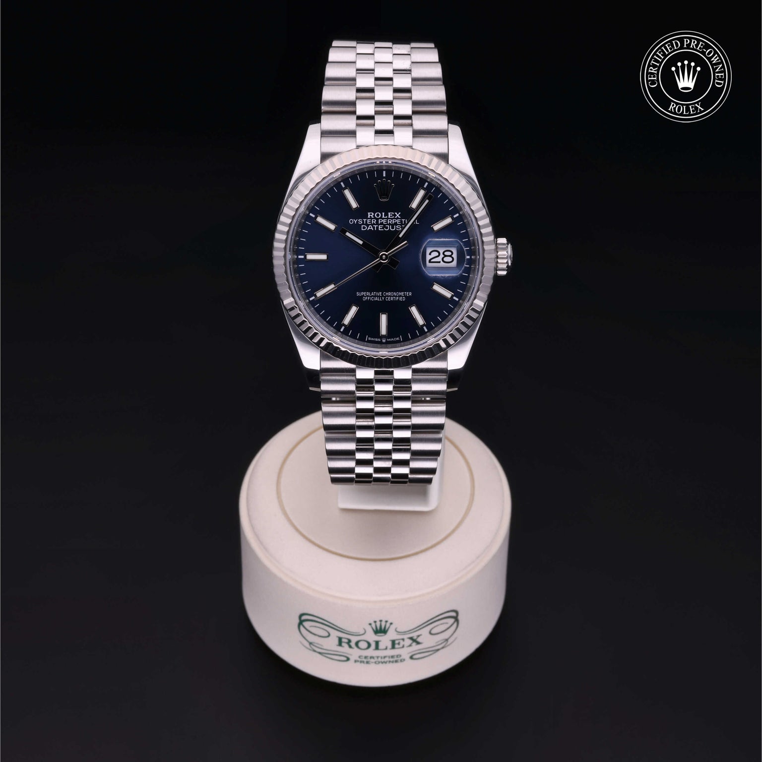 Rolex Certified Pre-owned Datejust M126234-0017 front on black background