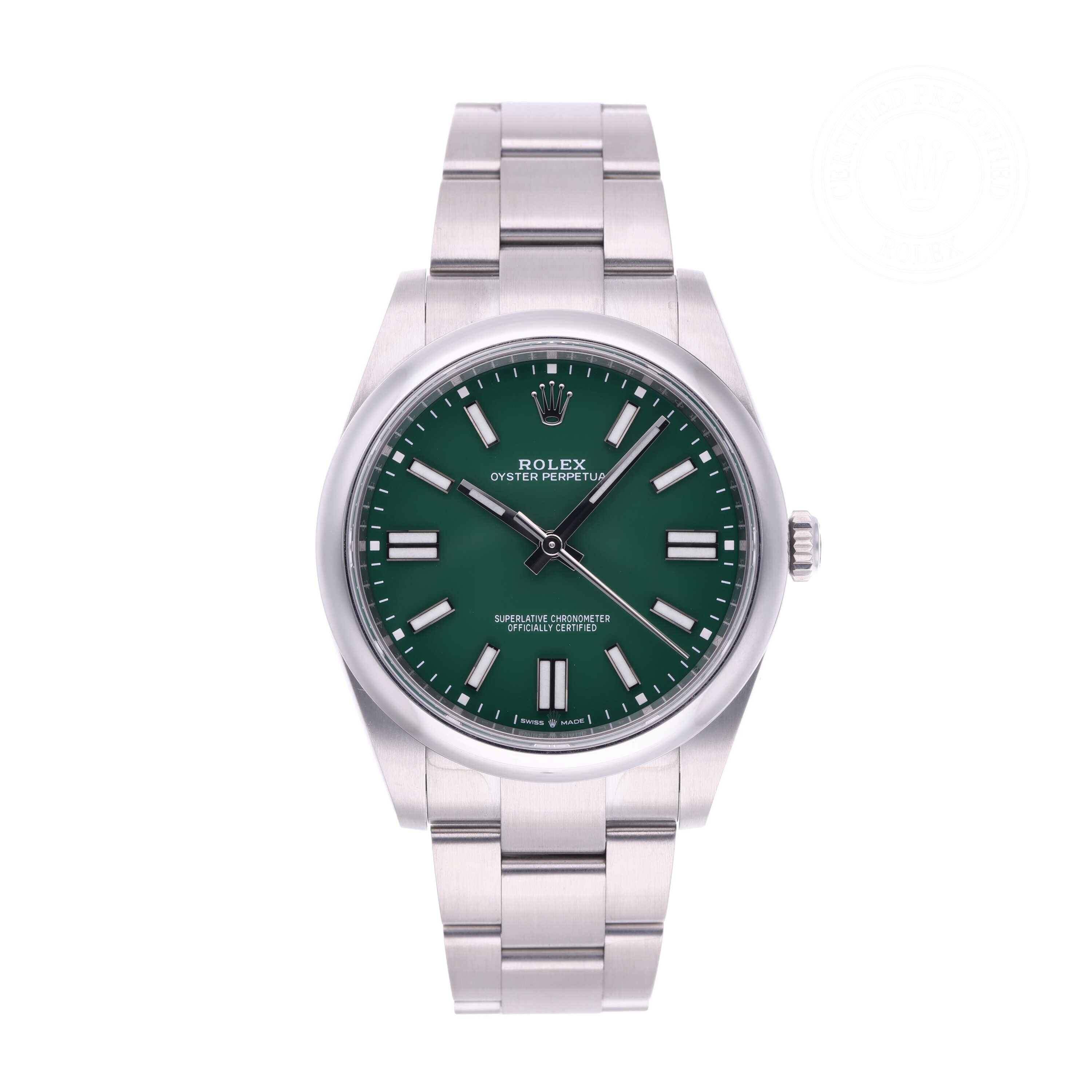 Rolex Certified Pre-owned Oyster Perpetual M124300-0005 front on white background