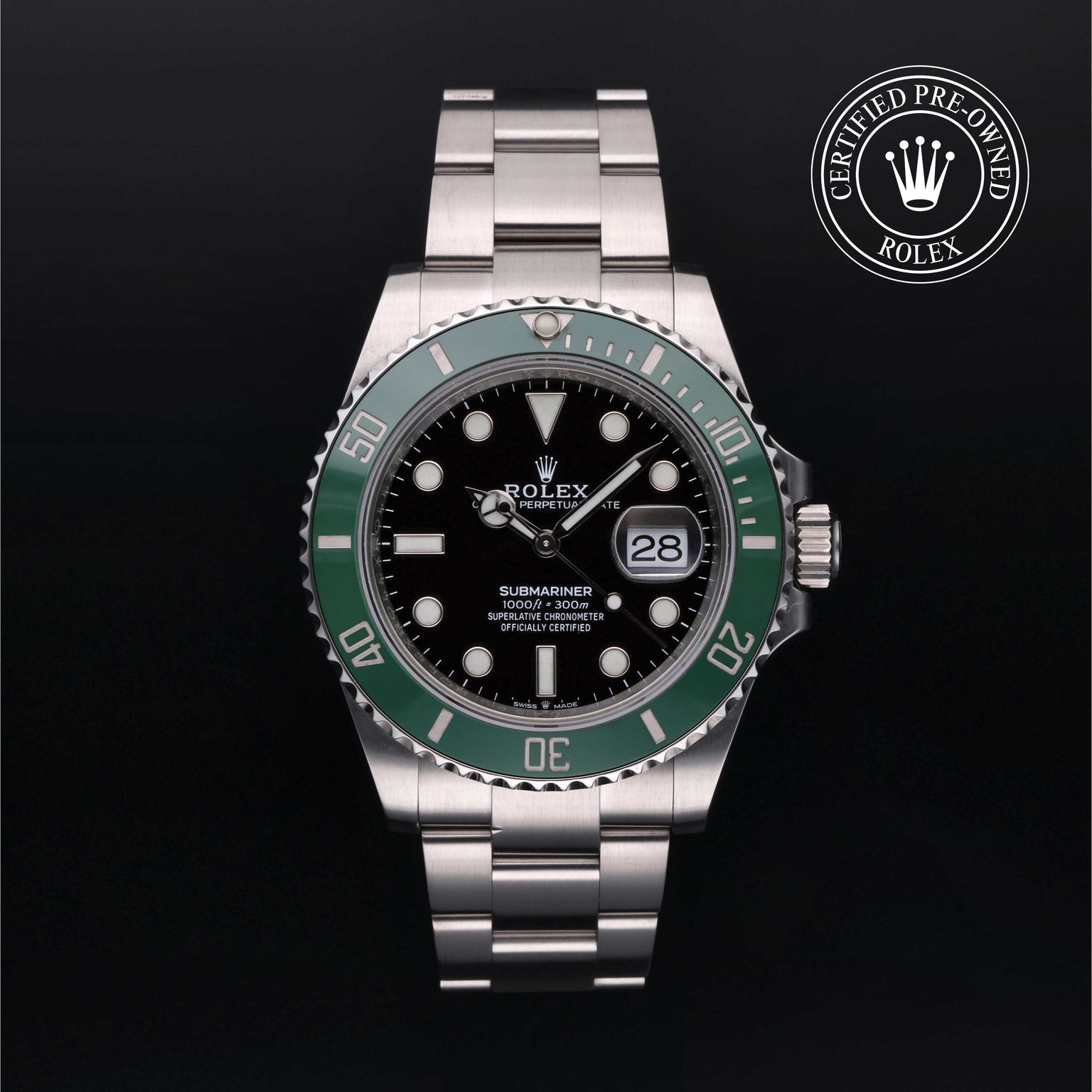 Rolex Certified Pre-owned Submariner M126610LV-0002 front on black background