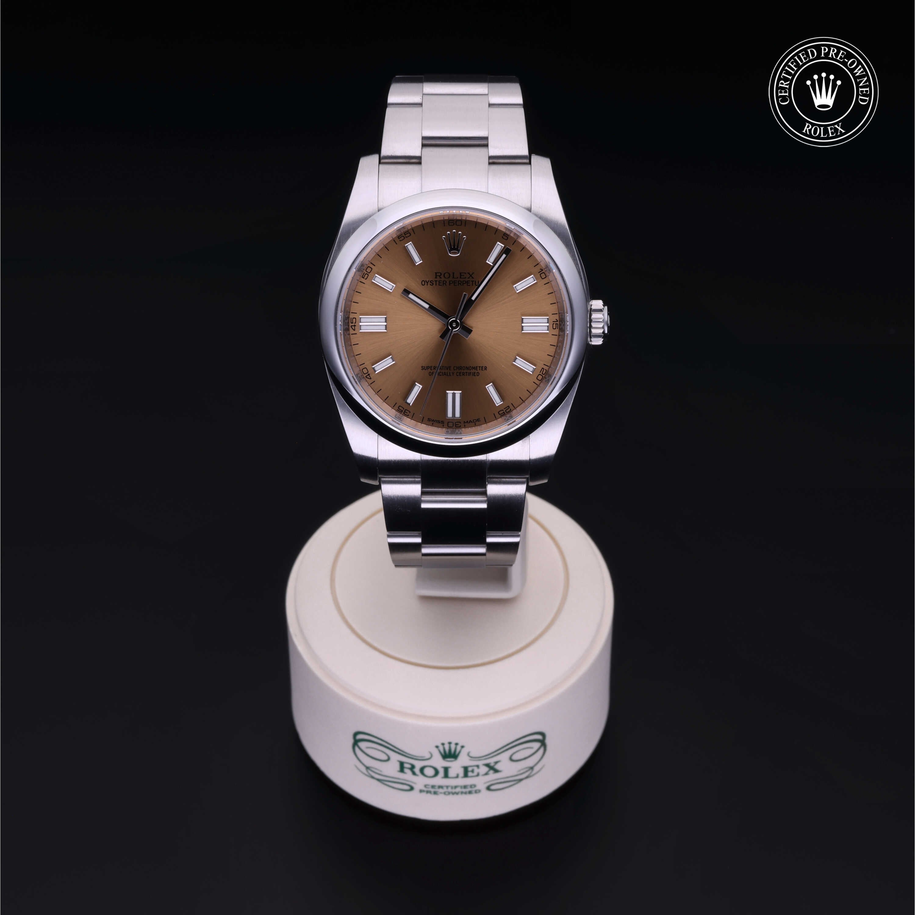 Rolex Certified Pre-owned Oyster Perpetual M116000-0011 front on black background