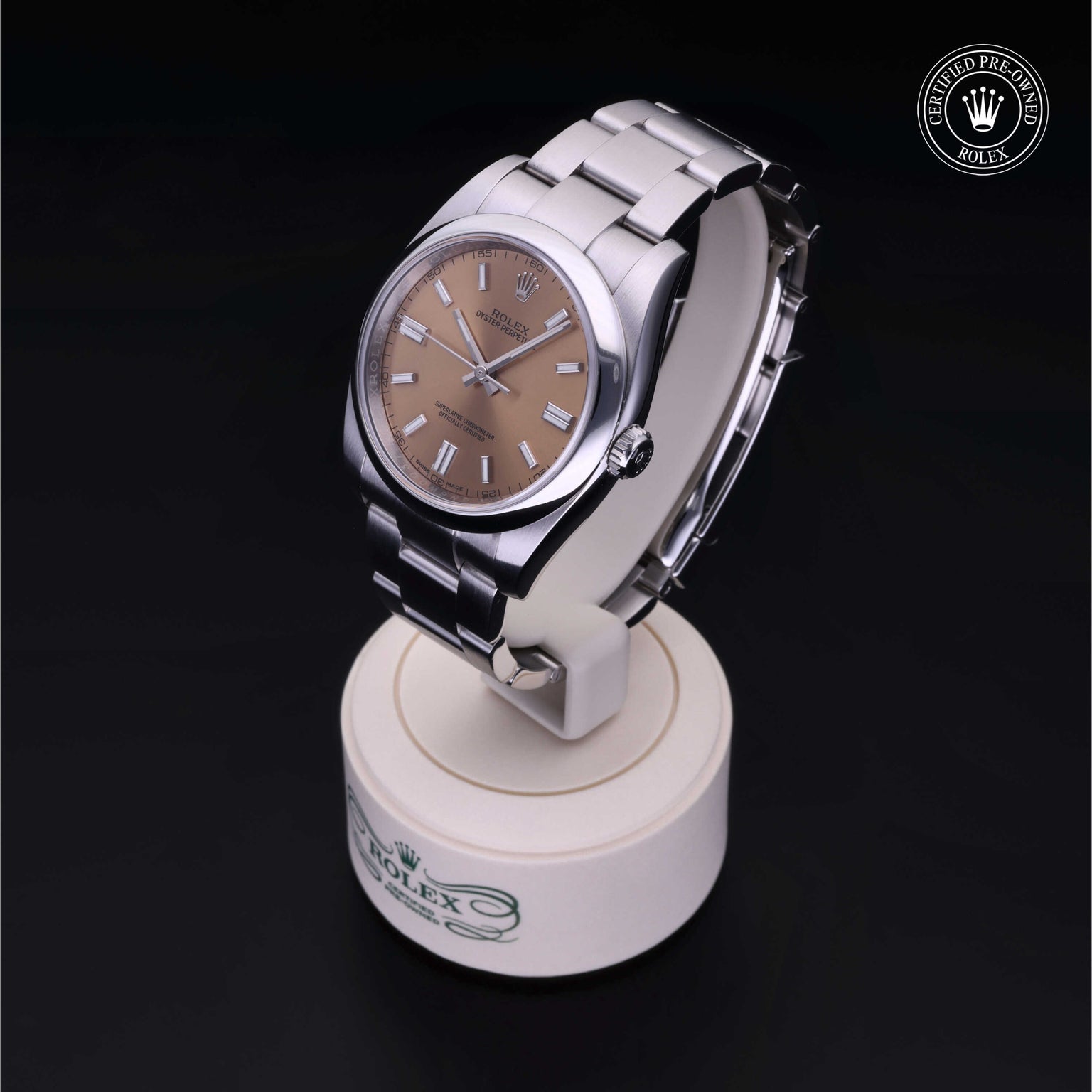 Rolex Certified Pre-owned Oyster Perpetual M116000-0011 front on black background