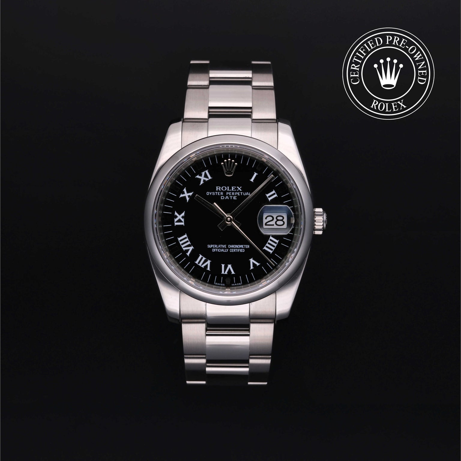 Rolex Certified Pre-owned Date M115200-0002 front on black background