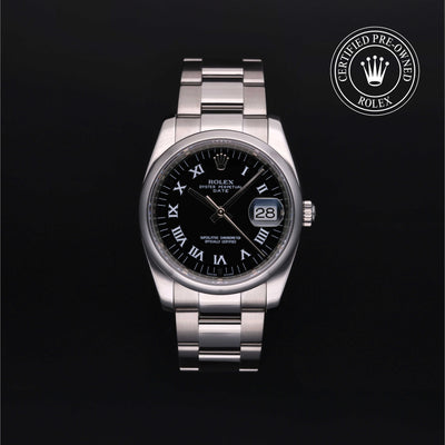 Rolex Certified Pre-owned Date M115200-0002 front on black background