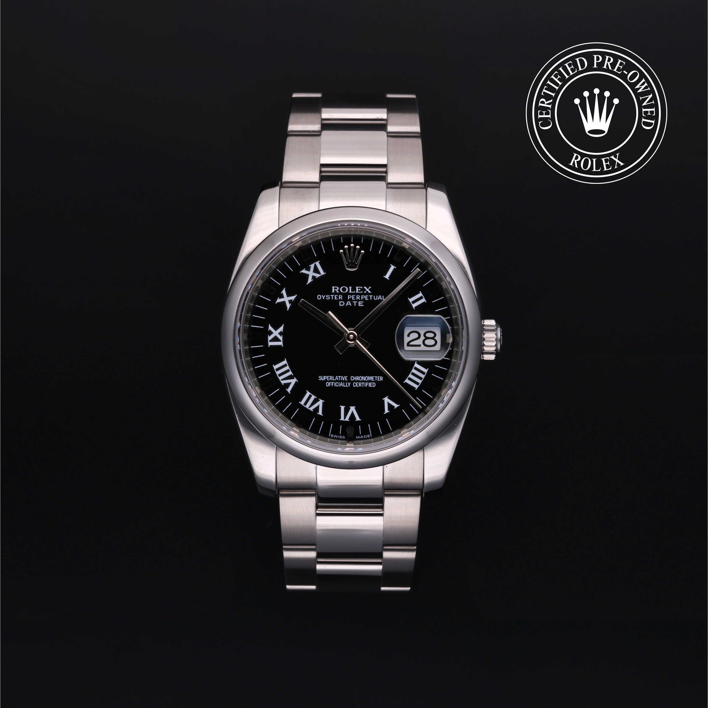 Rolex Certified Pre-owned Date M115200-0002 front on black background