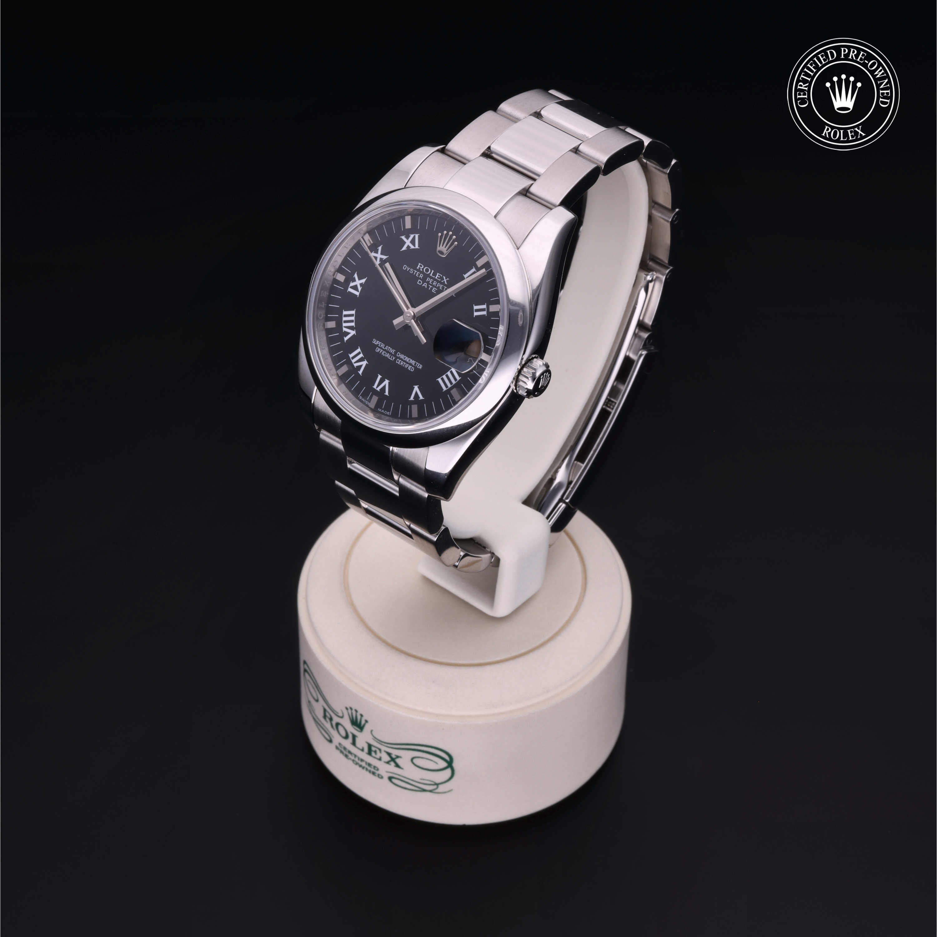 Rolex Certified Pre-owned Date M115200-0002 front on black background