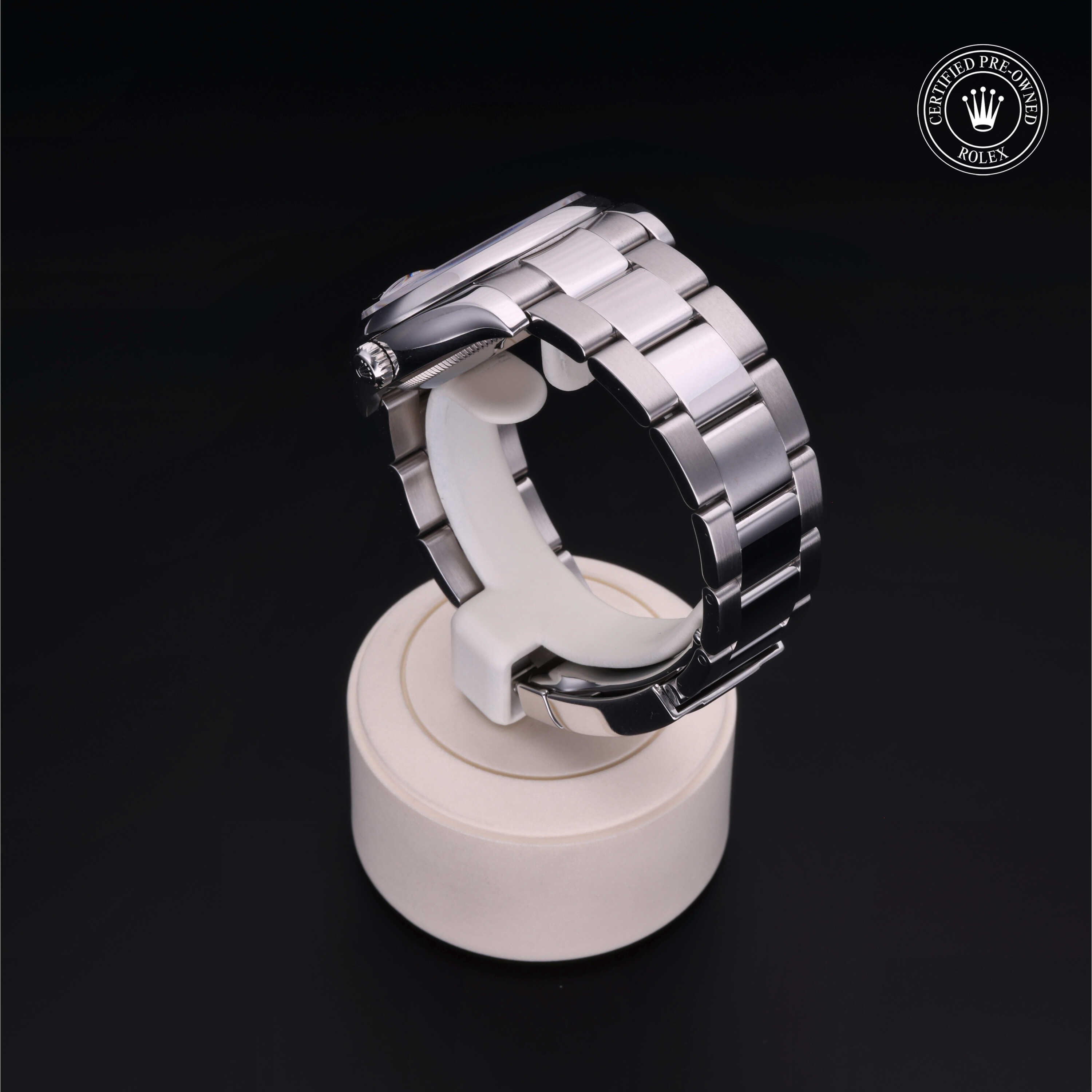 Rolex Certified Pre-owned Date M115200-0002 front on black background