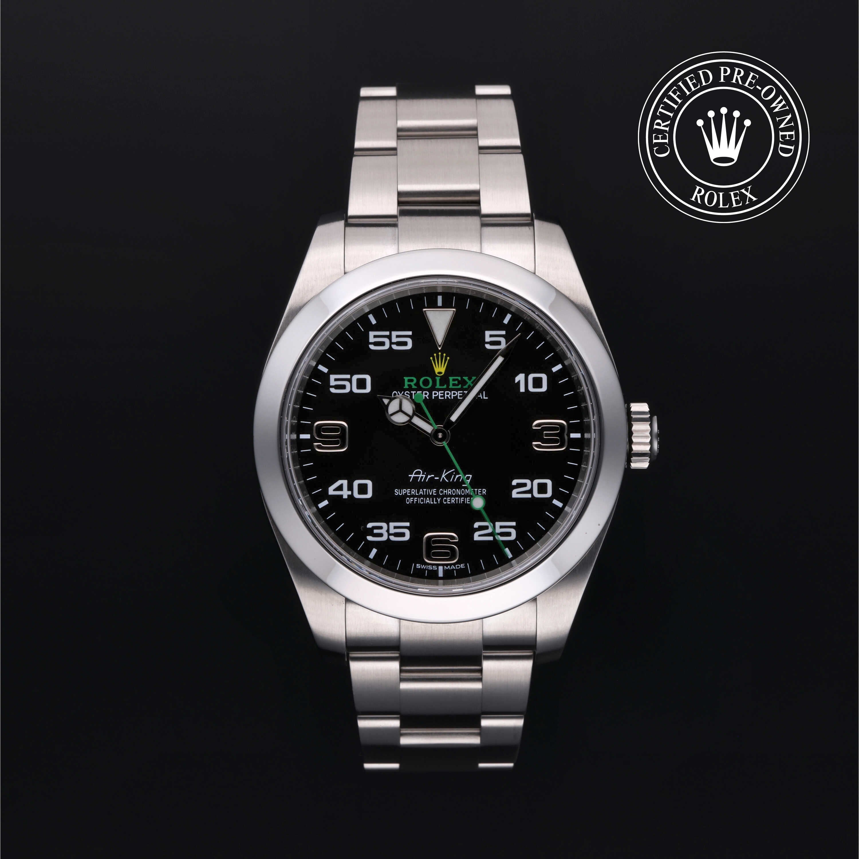Rolex Certified Pre-owned Air-King M116900-0001 front on black background