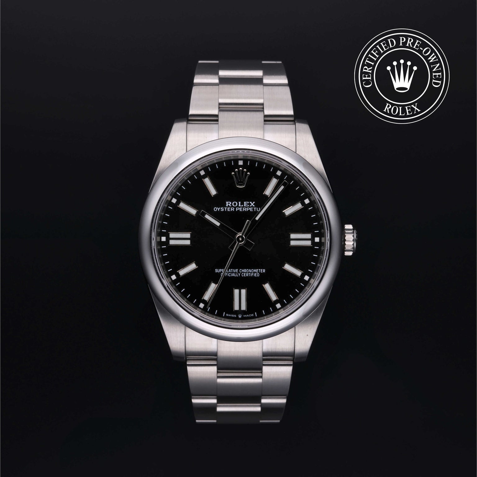 Rolex Certified Pre-owned Oyster Perpetual M124300-0002 front on black background